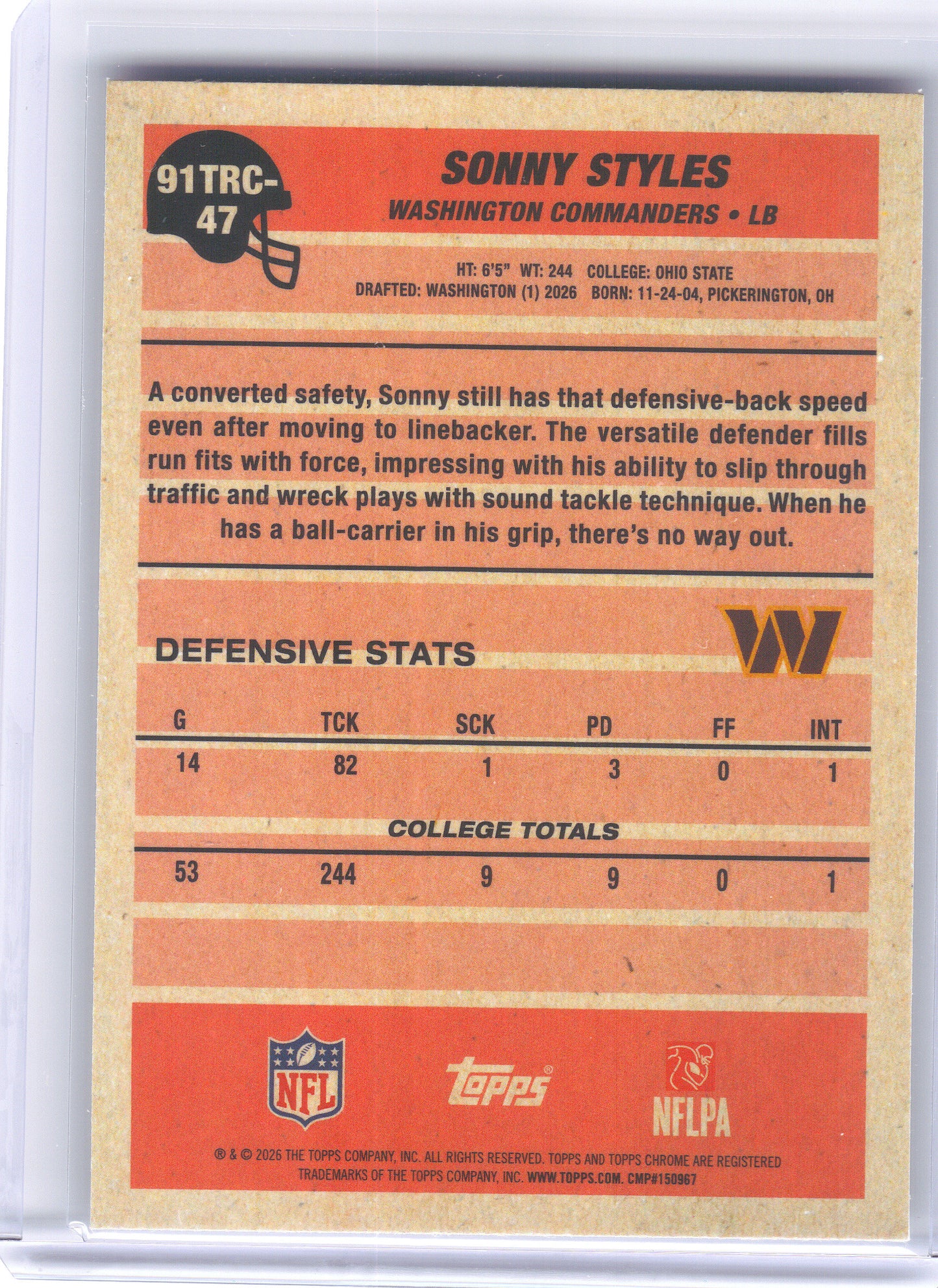 2026 Topps Flagship #91TRC-47 Sonny Styles 1991 Topps Flagship Football Rookies Chrome Mojo Chrome Washington Commanders