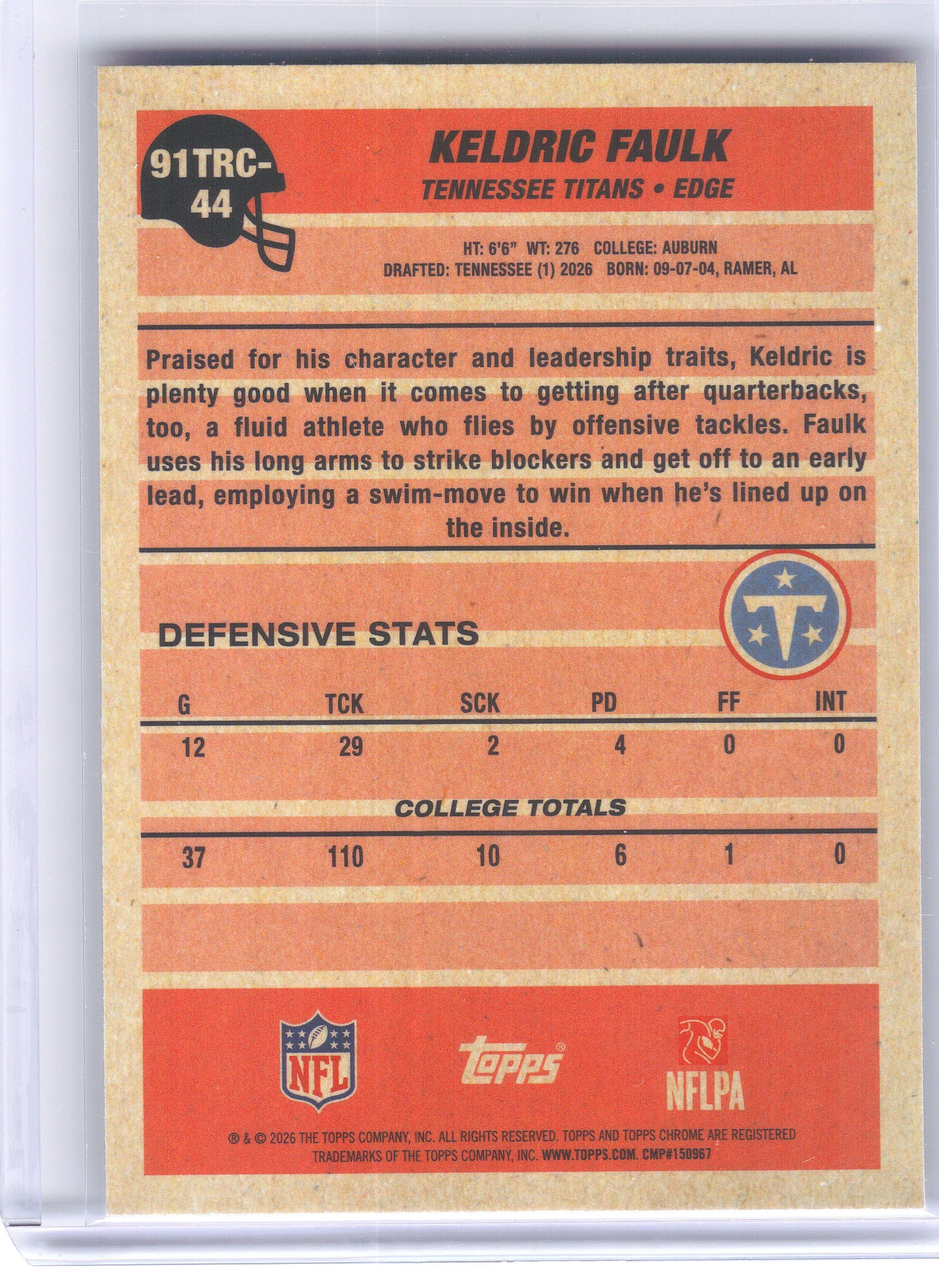 2026 Topps Flagship #91TRC-44 Keldric Faulk 1991 Topps Flagship Football Rookies Chrome Mojo Chrome Tennessee Titans