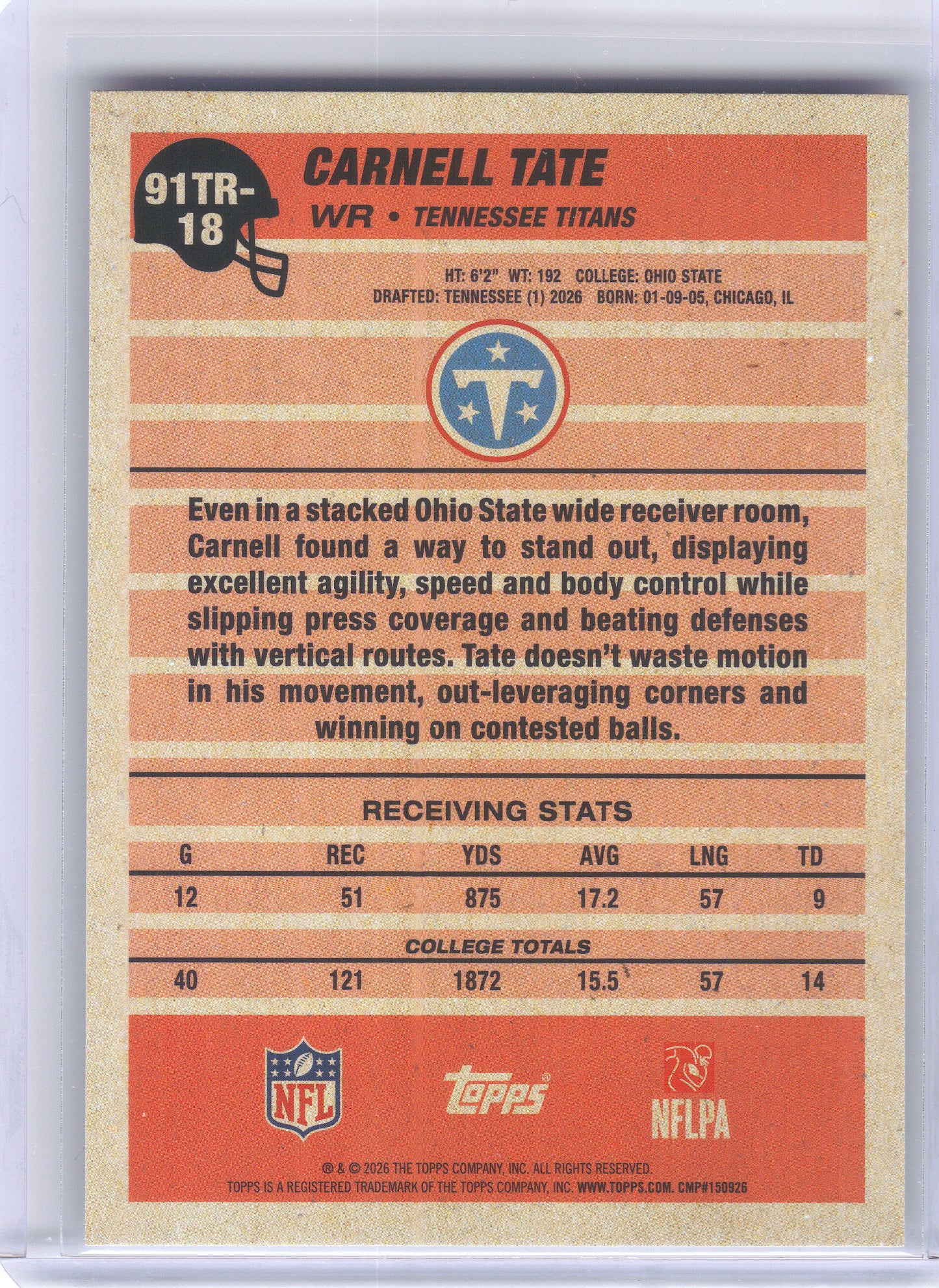 2026 Topps Flagship #91TR-18 Carnell Tate 1991 Topps Flagship Football Rookies Tennessee Titans