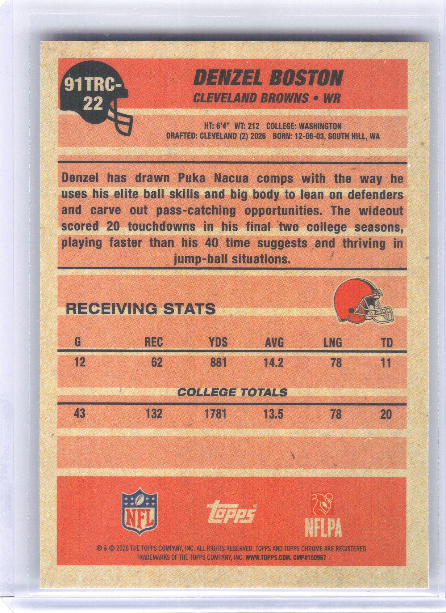 2026 Topps Flagship #91TRC-22 Denzel Boston 1991 Topps Flagship Football Rookies Chrome Mojo Chrome Cleveland Browns