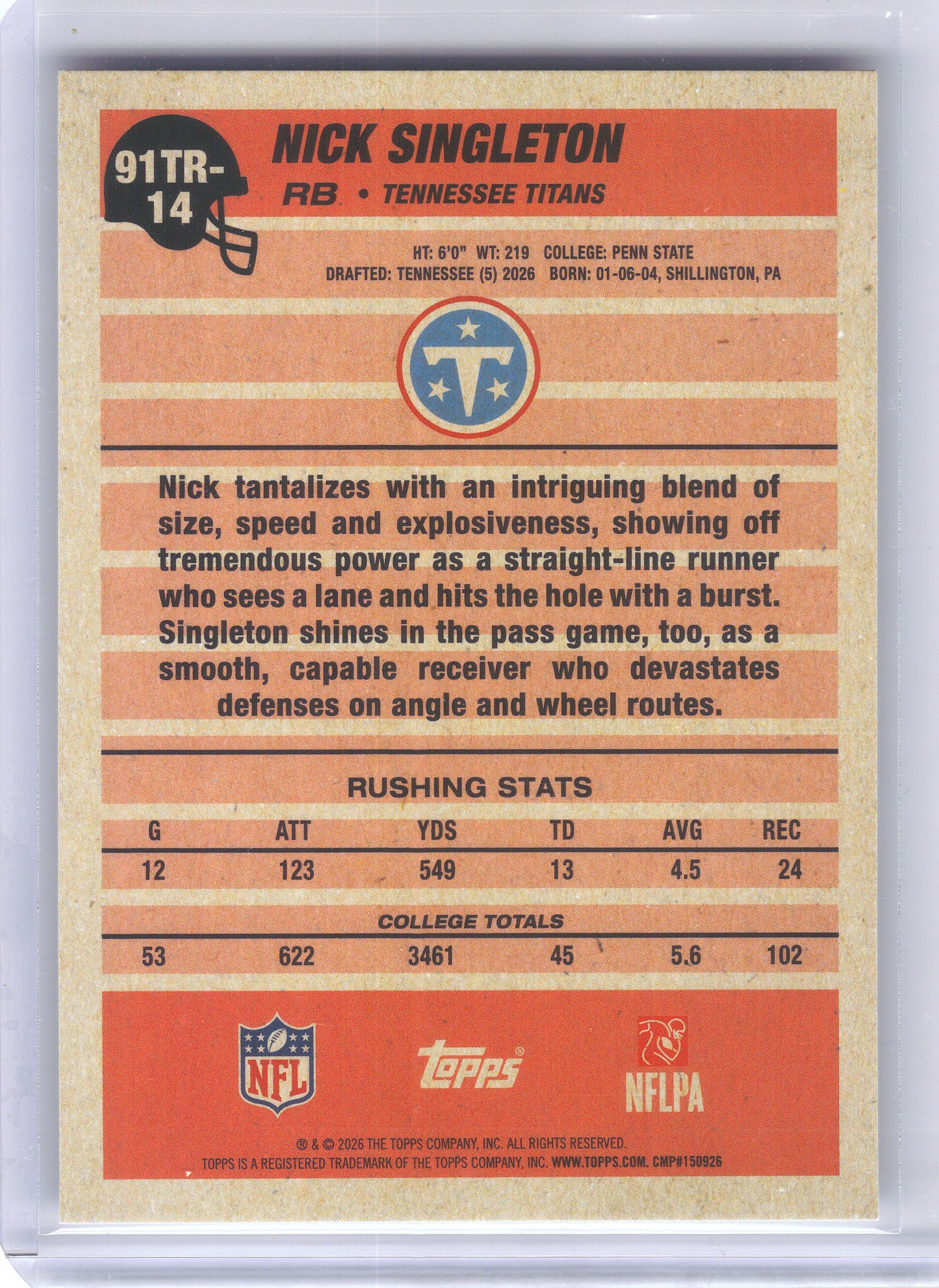 2026 Topps Flagship #91TR-14 Nick Singleton 1991 Topps Flagship Football Rookies Tennessee Titans