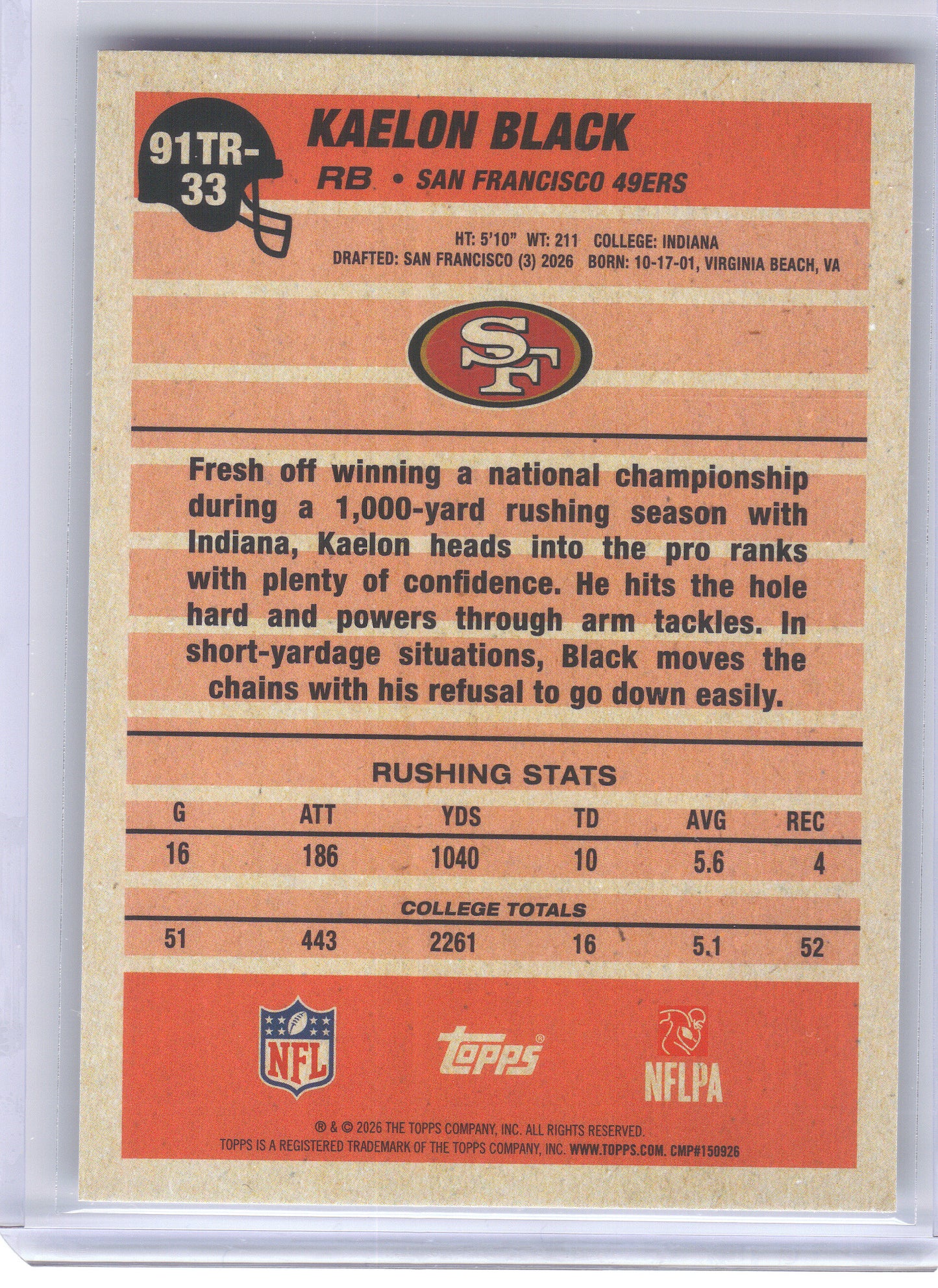 2026 Topps Flagship #91TR-33 Kaelon Black 1991 Topps Flagship Football Rookies San Francisco 49ers
