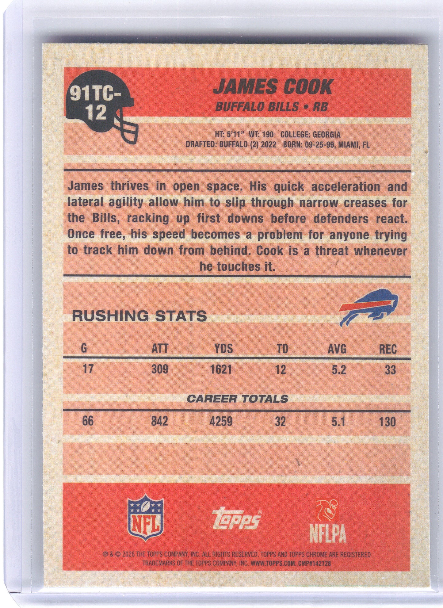 2026 Topps Flagship #91TC-12 James Cook 1991 Topps Flagship Football Chrome Mojo Chrome Buffalo Bills