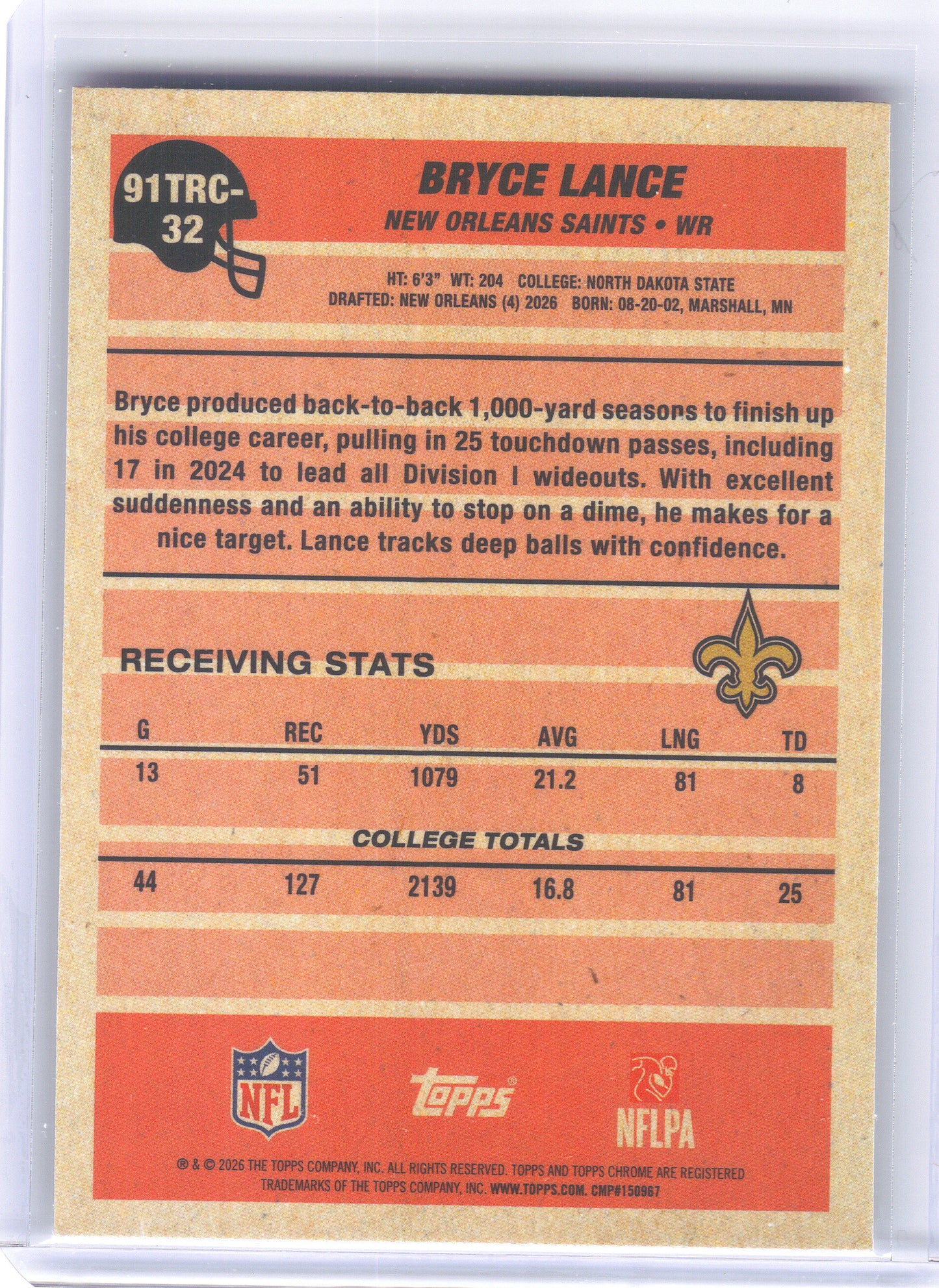 2026 Topps Flagship #91TRC-32 Bryce Lance 1991 Topps Flagship Football Rookies Chrome Mojo Chrome New Orleans Saints