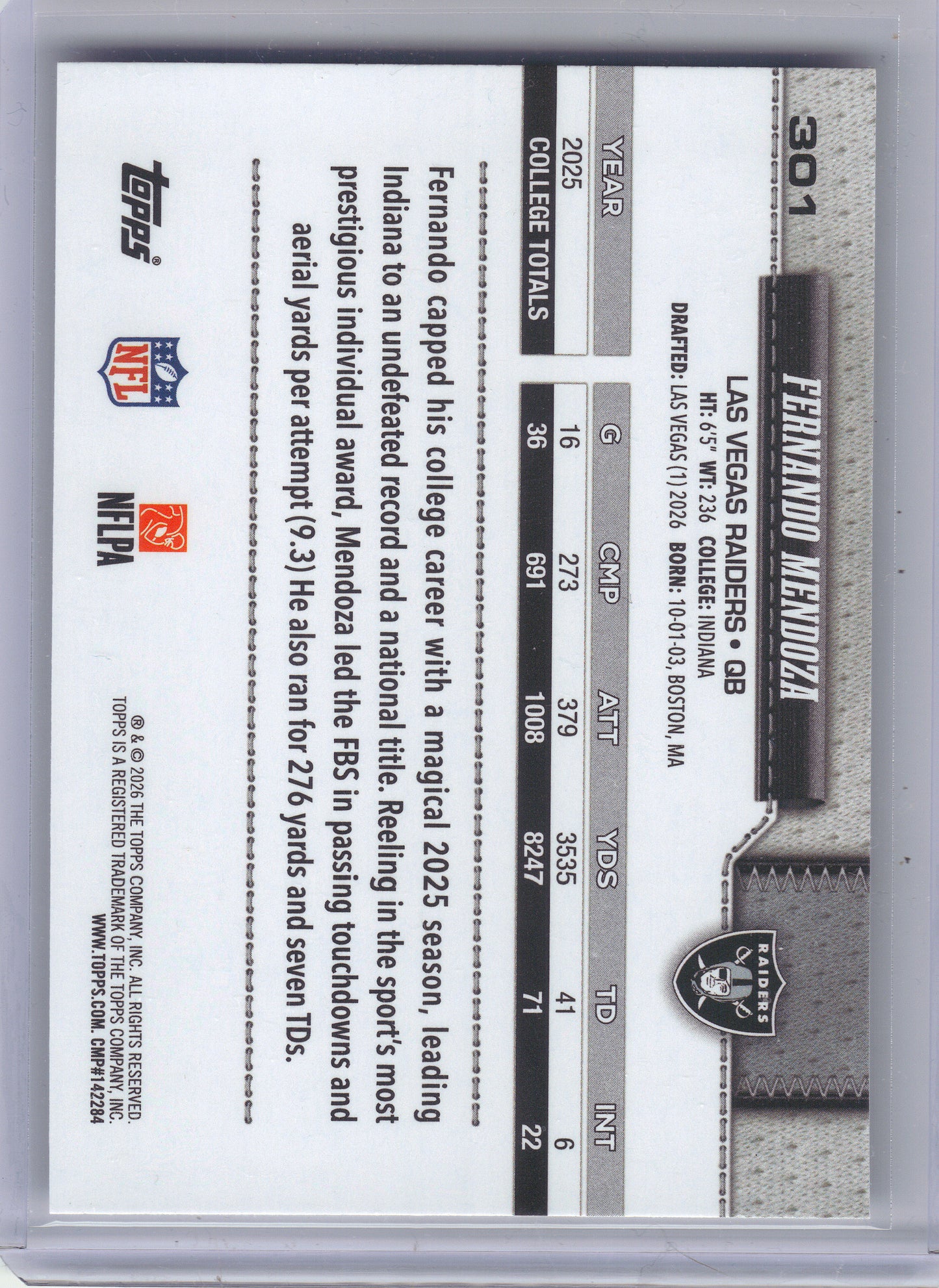 2026 Topps Flagship #301 Fernando Mendoza Las Vegas Raiders