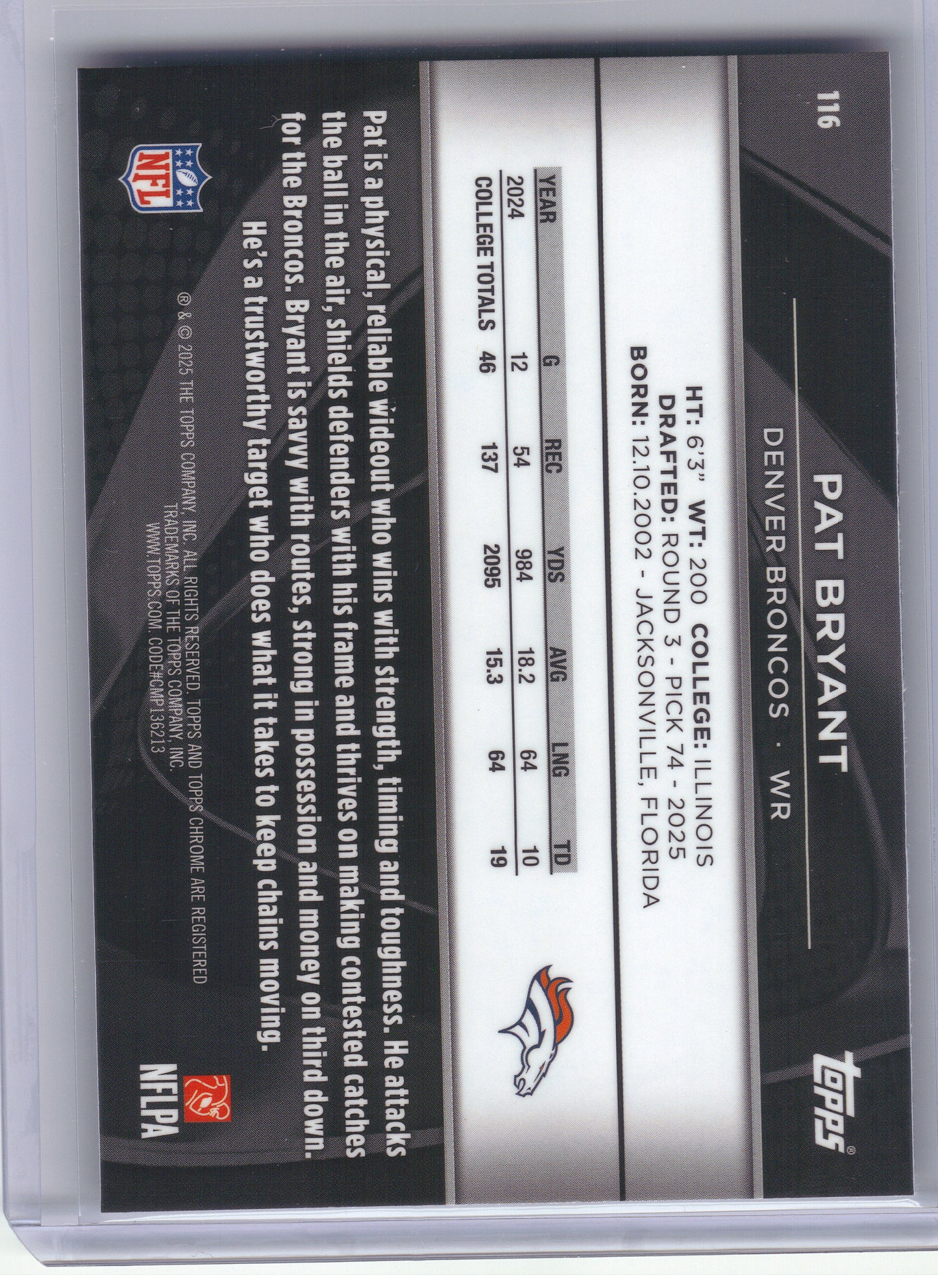 2025 Topps Chrome Black #116 Pat Bryant Denver Broncos RC