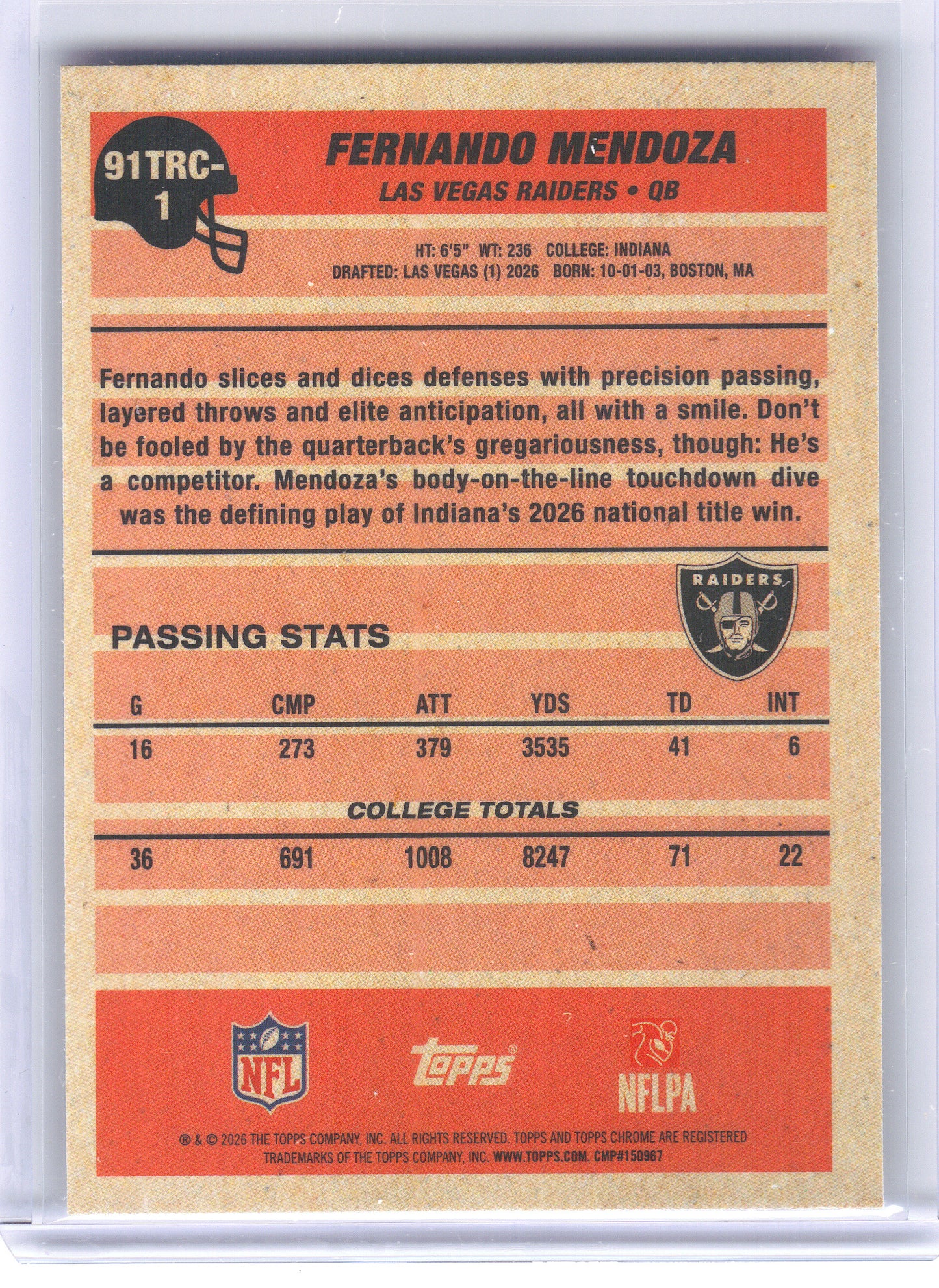 2026 Topps Flagship #91TRC-1 Fernando Mendoza 1991 Topps Flagship Football Rookies Chrome Las Vegas Raiders