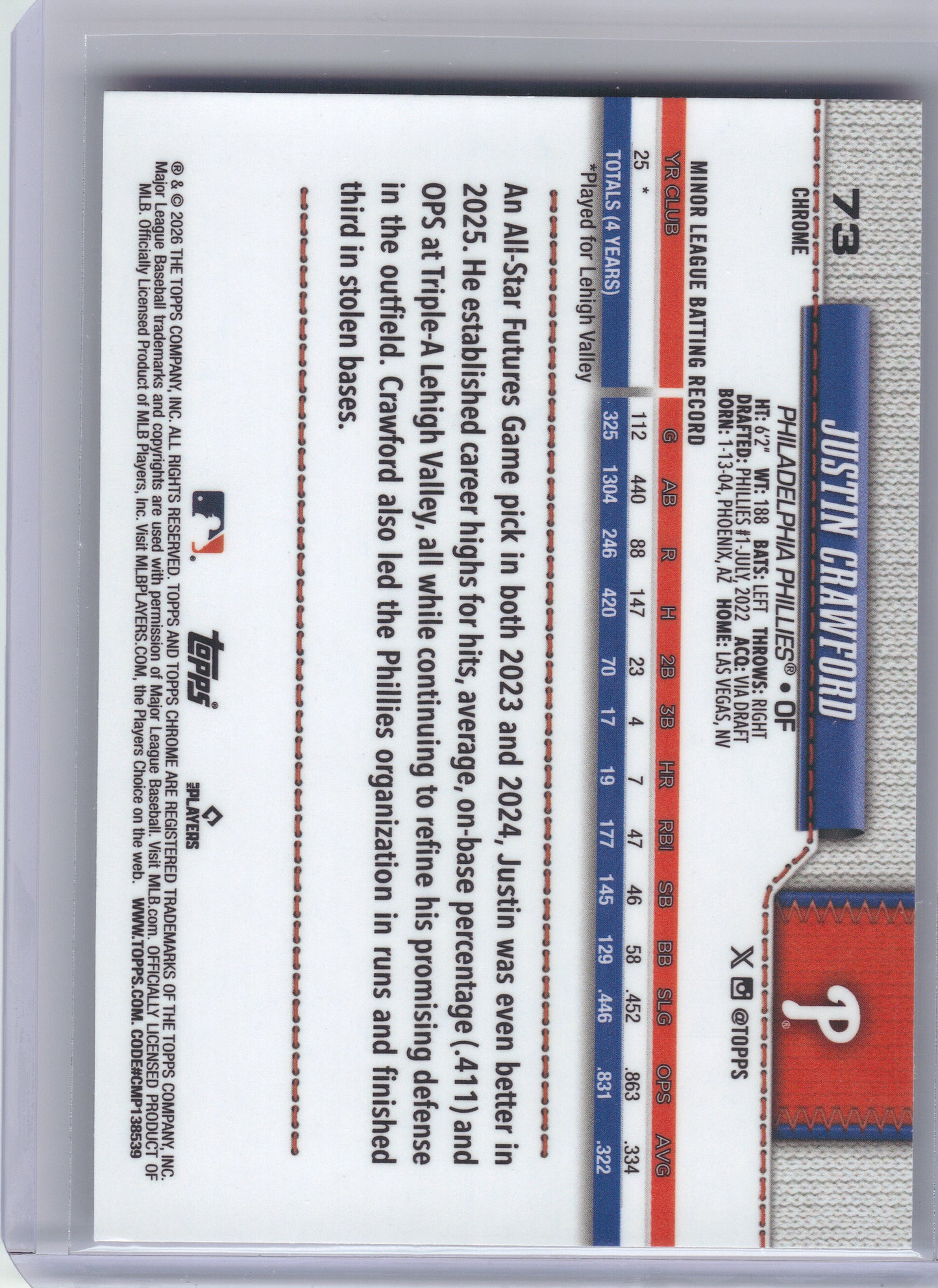 2026 Topps Chrome #73 Justin Crawford X-Fractors Philadelphia Phillies RC