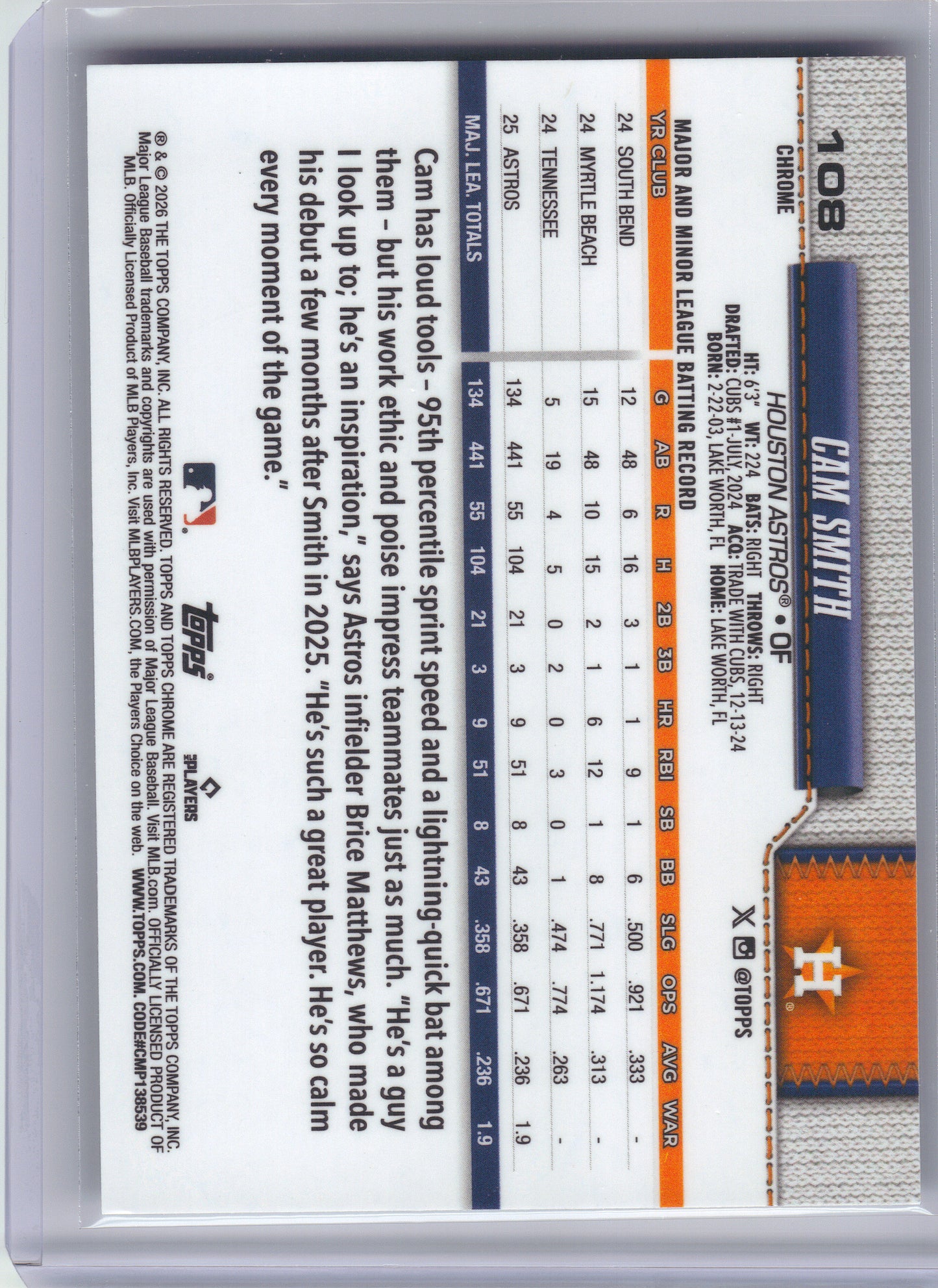 2026 Topps Chrome #108 Cam Smith X-Fractors Houston Astros