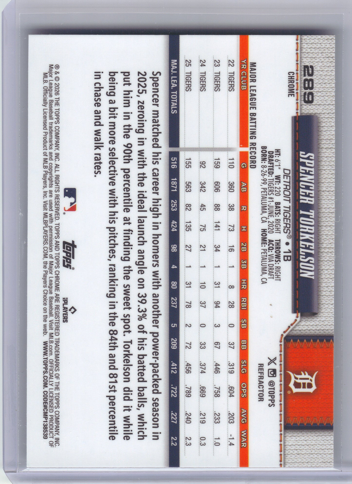 2026 Topps Chrome #289 Spencer Torkelson Refractors Detroit Tigers