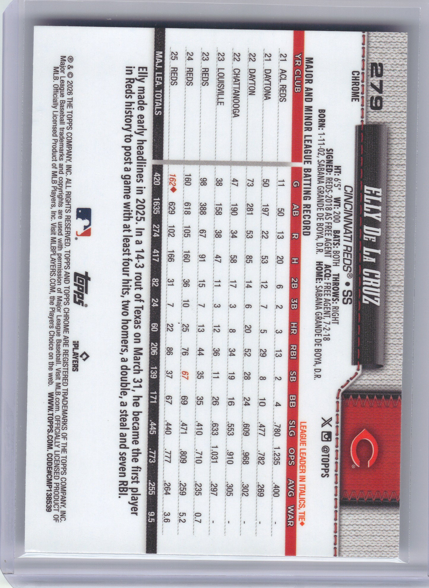 2026 Topps Chrome #279 Elly De La Cruz X-Fractors Cincinnati Reds