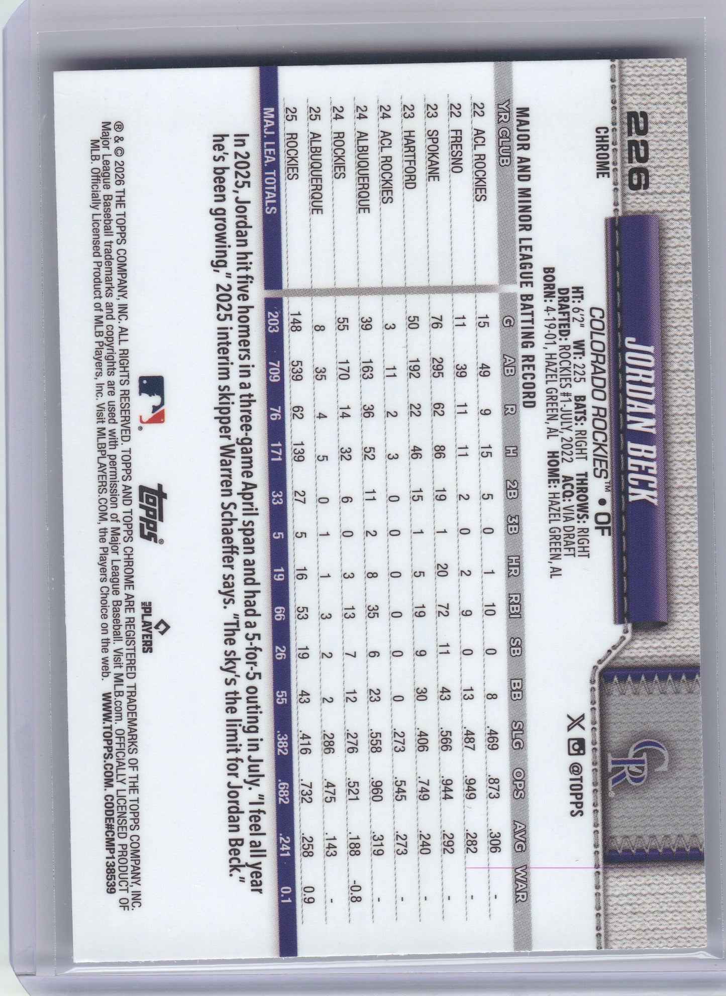 2026 Topps Chrome #226 Jordan Beck X-Fractors Colorado Rockies