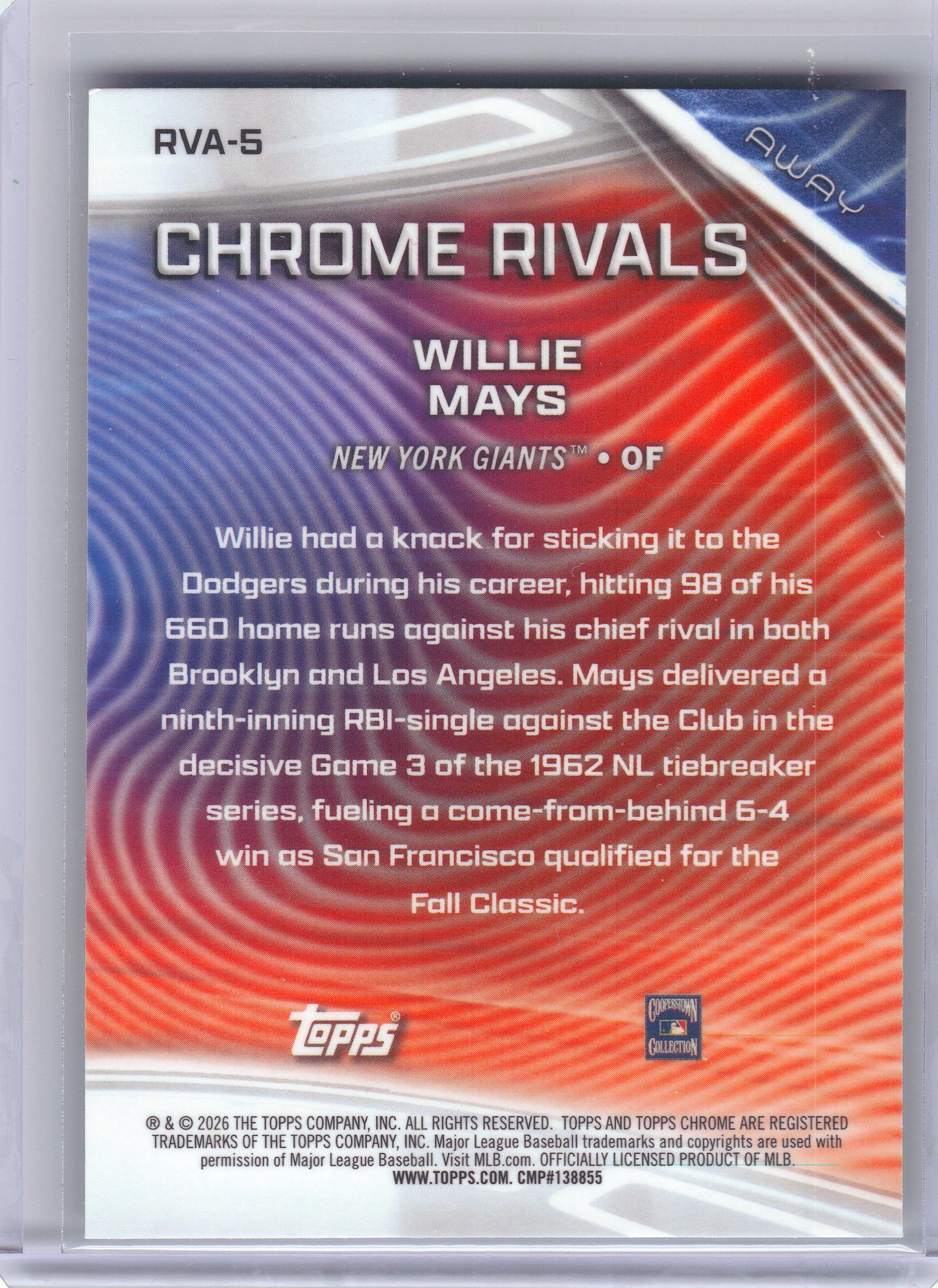 2026 Topps Chrome #RVA-5 Willie Mays Chrome Rivals Away New York Giants