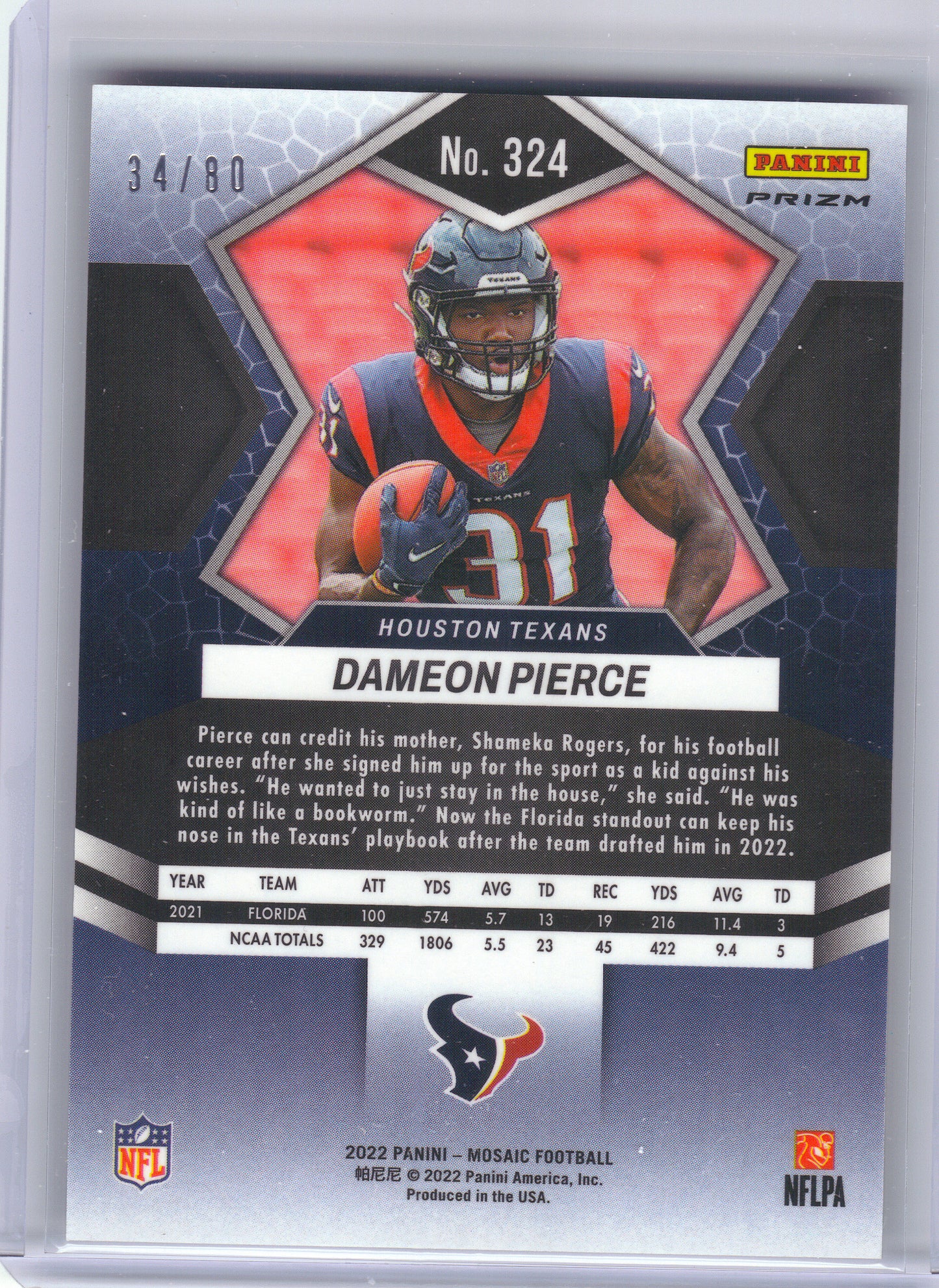 2022 Panini Mosaic #324 Dameon Pierce Mosaic Choice Fusion Red and Yellow #/80 Houston Texans SN, RC
