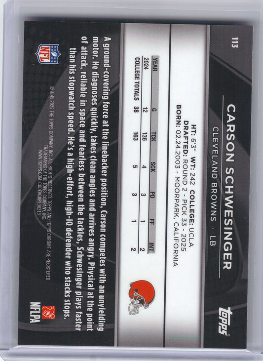 2025 Topps Chrome Black #113 Carson Schwesinger Gold Mini-Diamond Refractor #/50 Cleveland Browns SN, RC