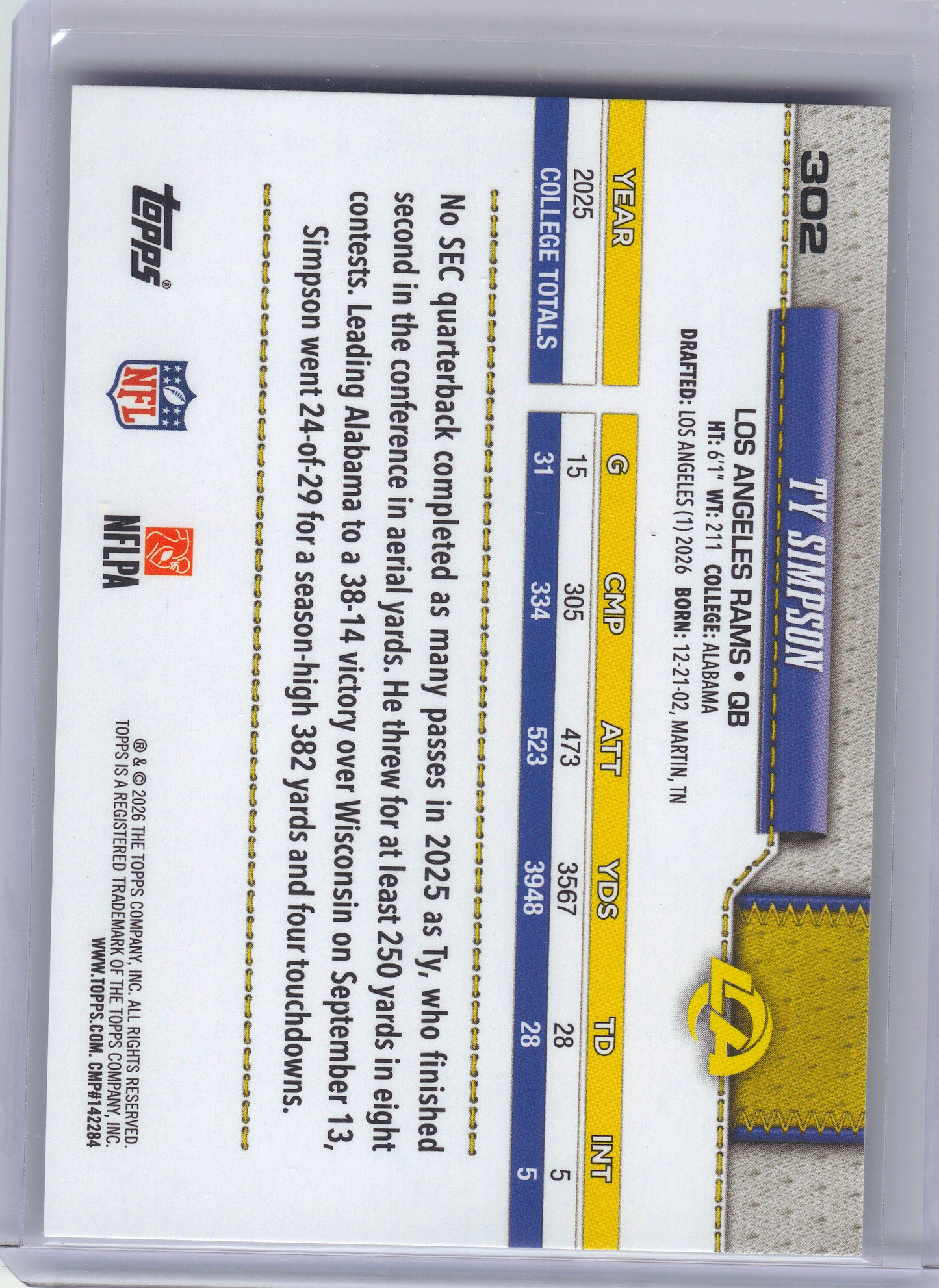 2026 Topps Flagship #302 Ty Simpson Los Angeles Rams RC