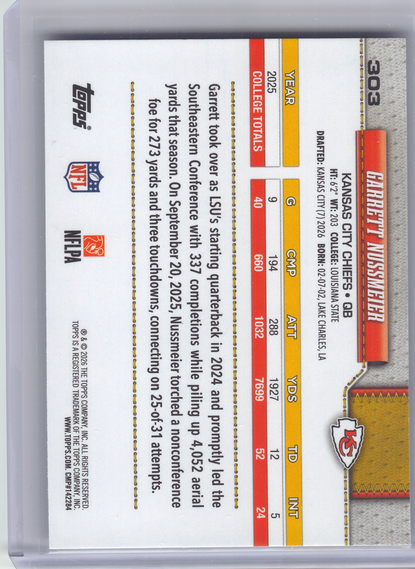 2026 Topps Flagship #303 Garrett Nussmeier Kansas City Chiefs RC