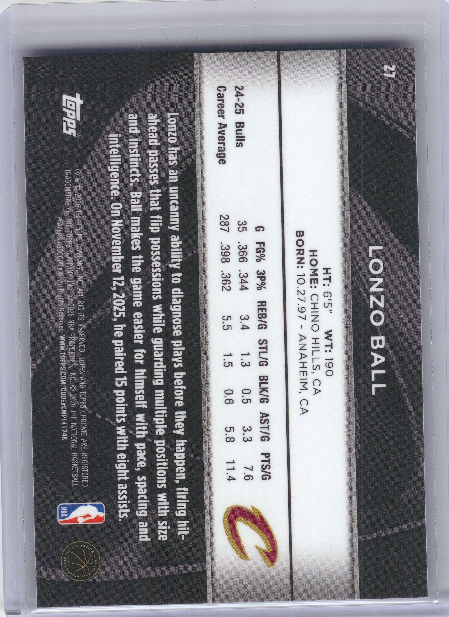 2025-26 Topps Chrome Black #27 Lonzo Ball Cleveland Cavaliers