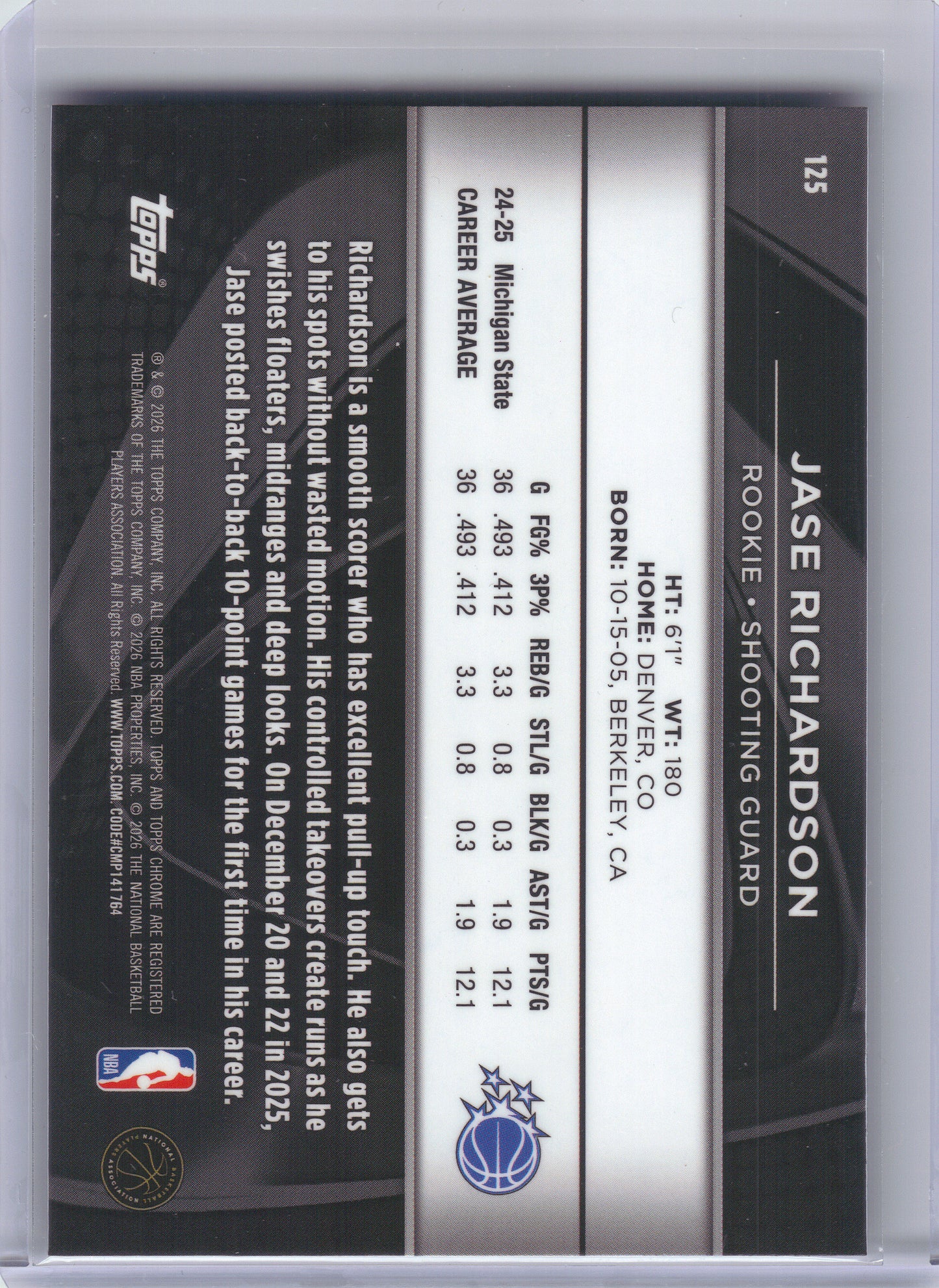 2025-26 Topps Chrome Black #125 Jase Richardson Orlando Magic RC
