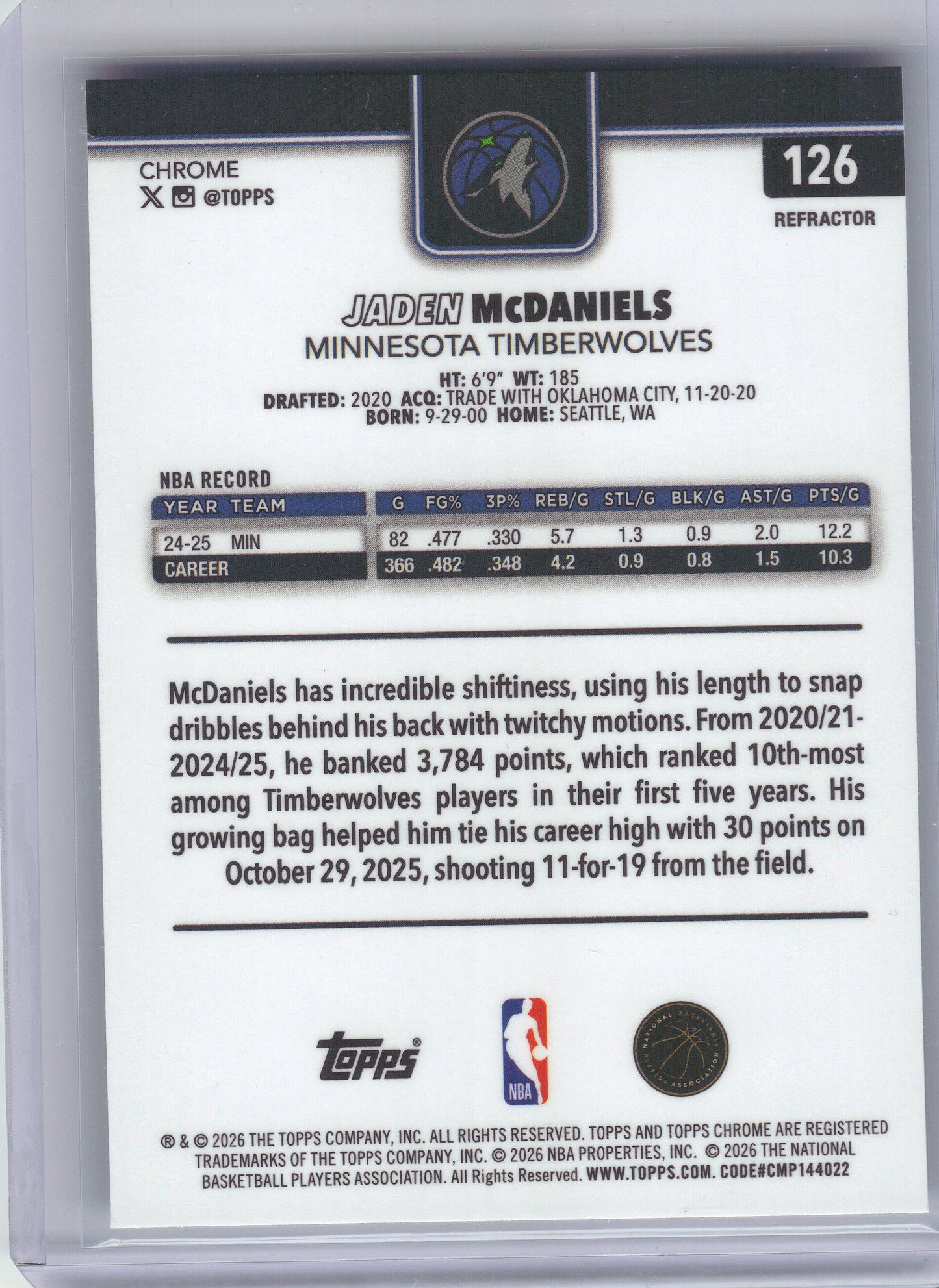 2025-26 Topps Chrome Update #126 Jaden McDaniels Refractor Minnesota Timberwolves