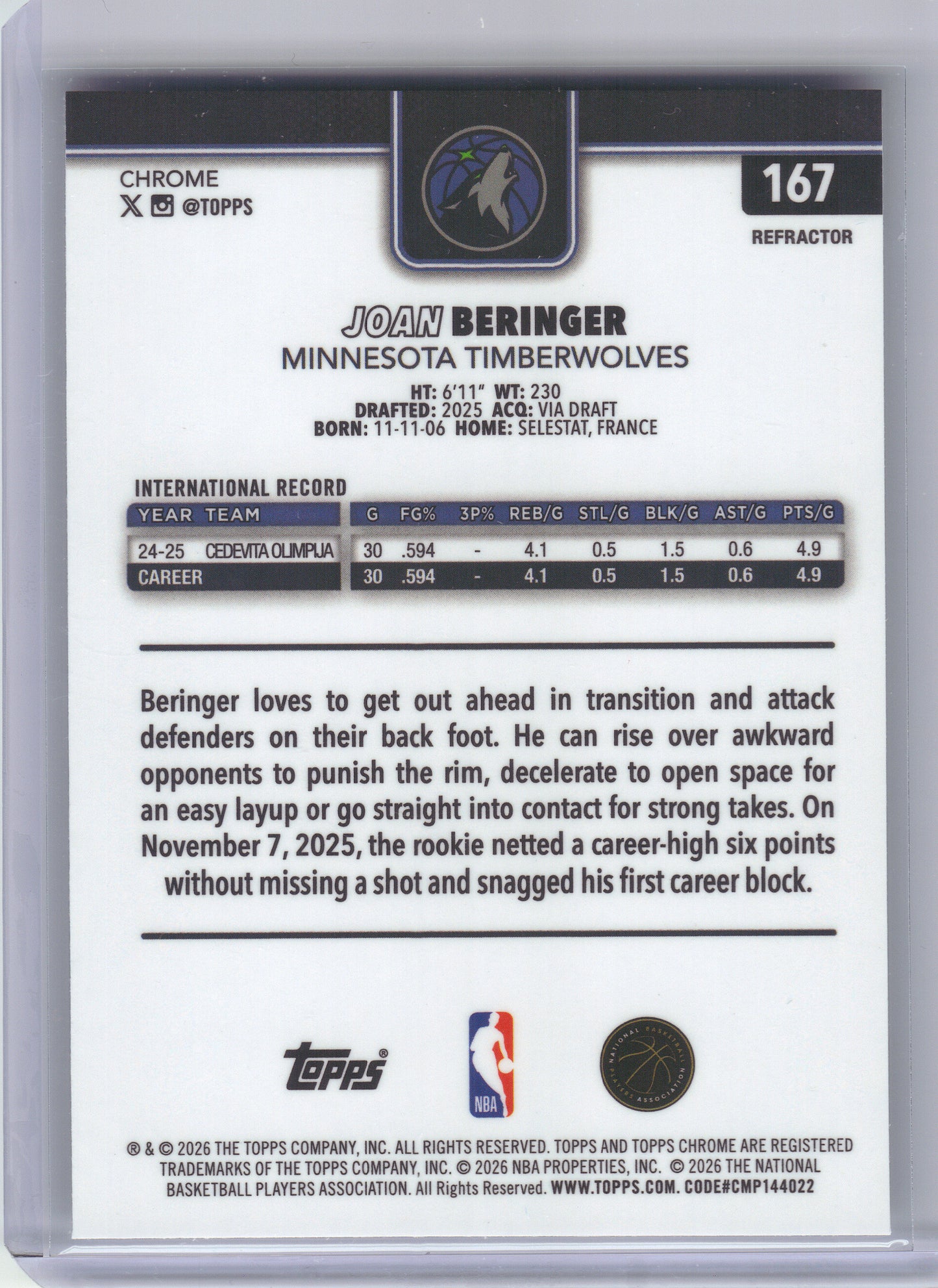 2025-26 Topps Chrome Update #167 Joan Beringer Refractor Minnesota Timberwolves RC