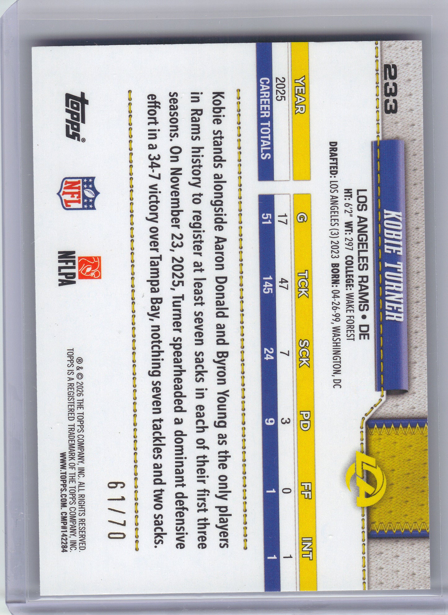 2026 Topps Flagship #233 Kobie Turner Black #/70 Los Angeles Rams SN