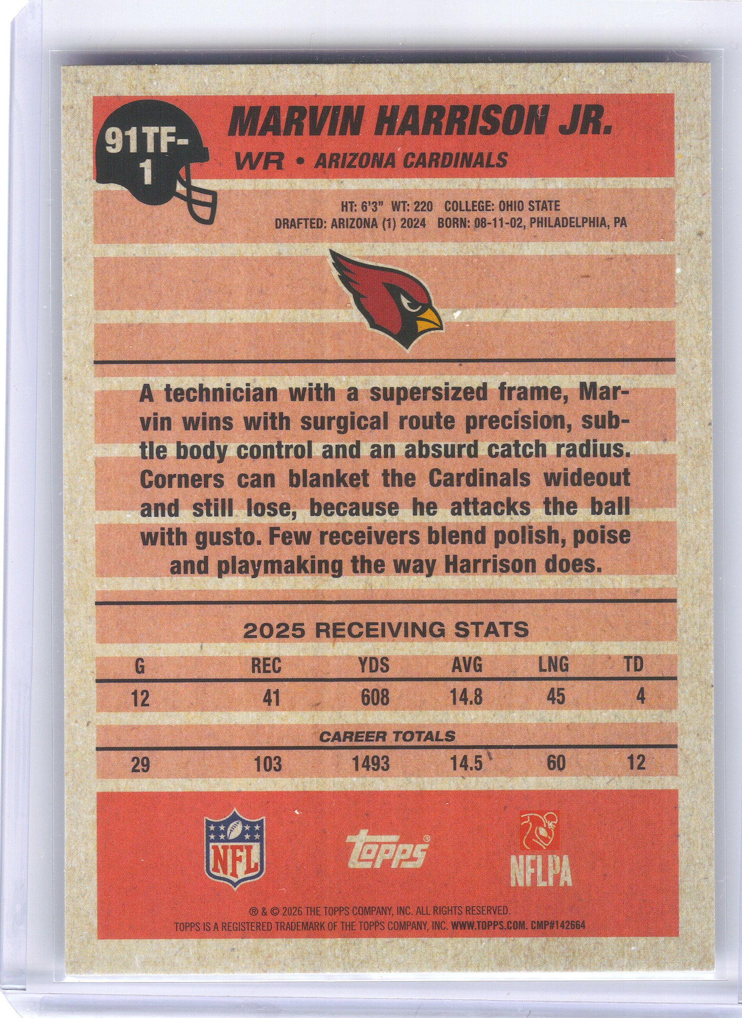 2026 Topps Flagship #91TF-1 Marvin Harrison Jr. 1991 Topps Football Arizona Cardinals