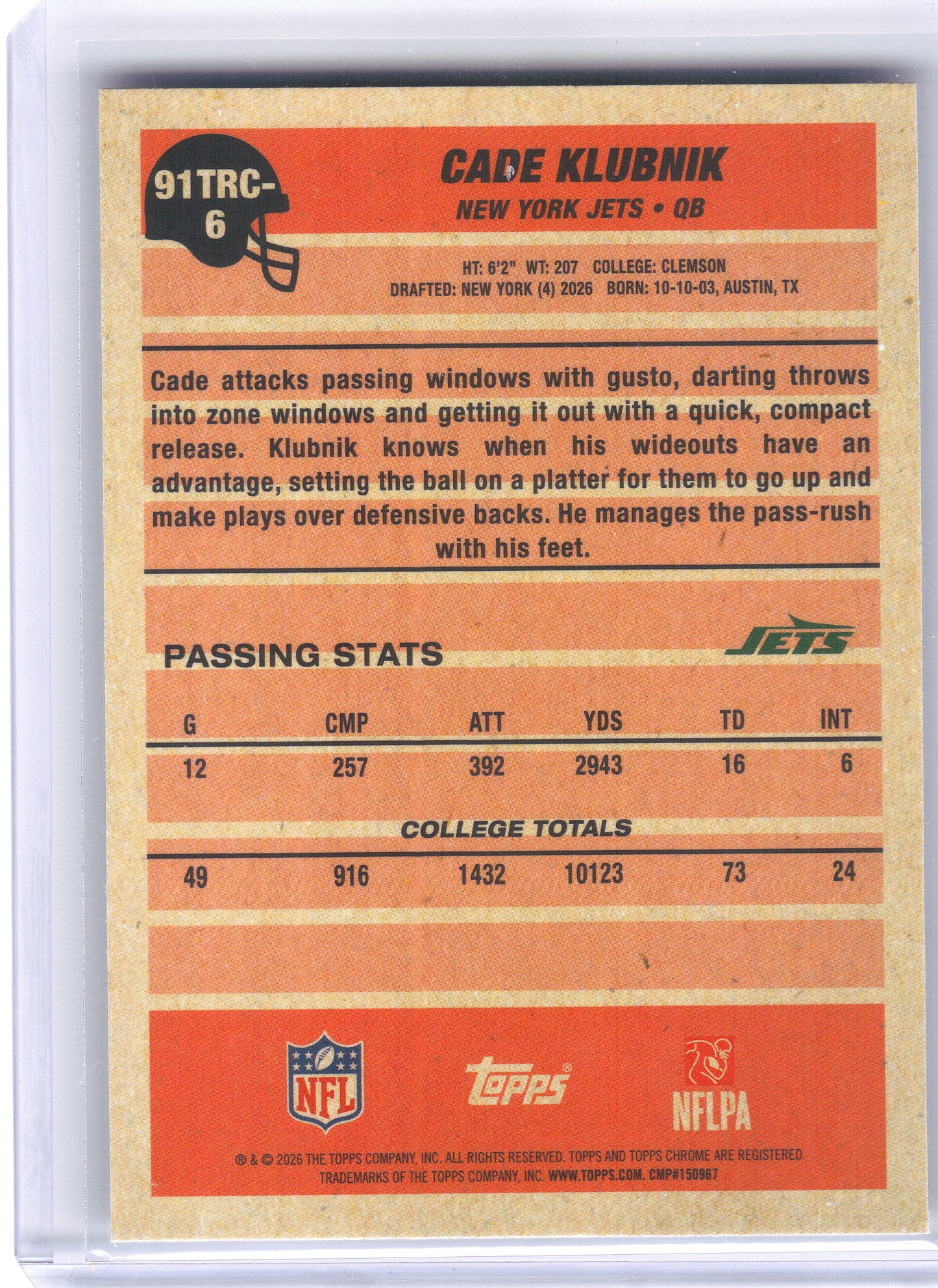 2026 Topps Flagship #91TRC-38 Kenyon Sadiq 1991 Topps Football Rookies Chrome New York Jets