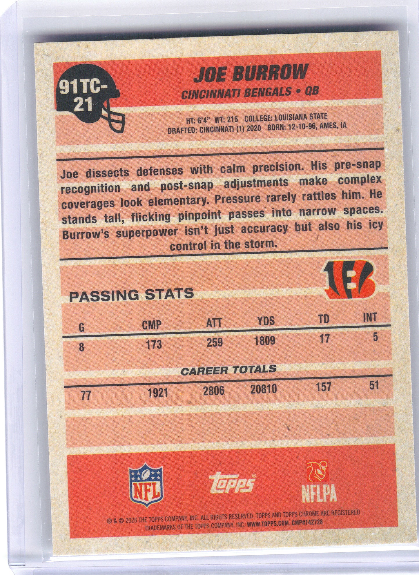 2026 Topps Flagship #91TC-21 Joe Burrow 1991 Topps Football Chrome Cincinnati Bengals