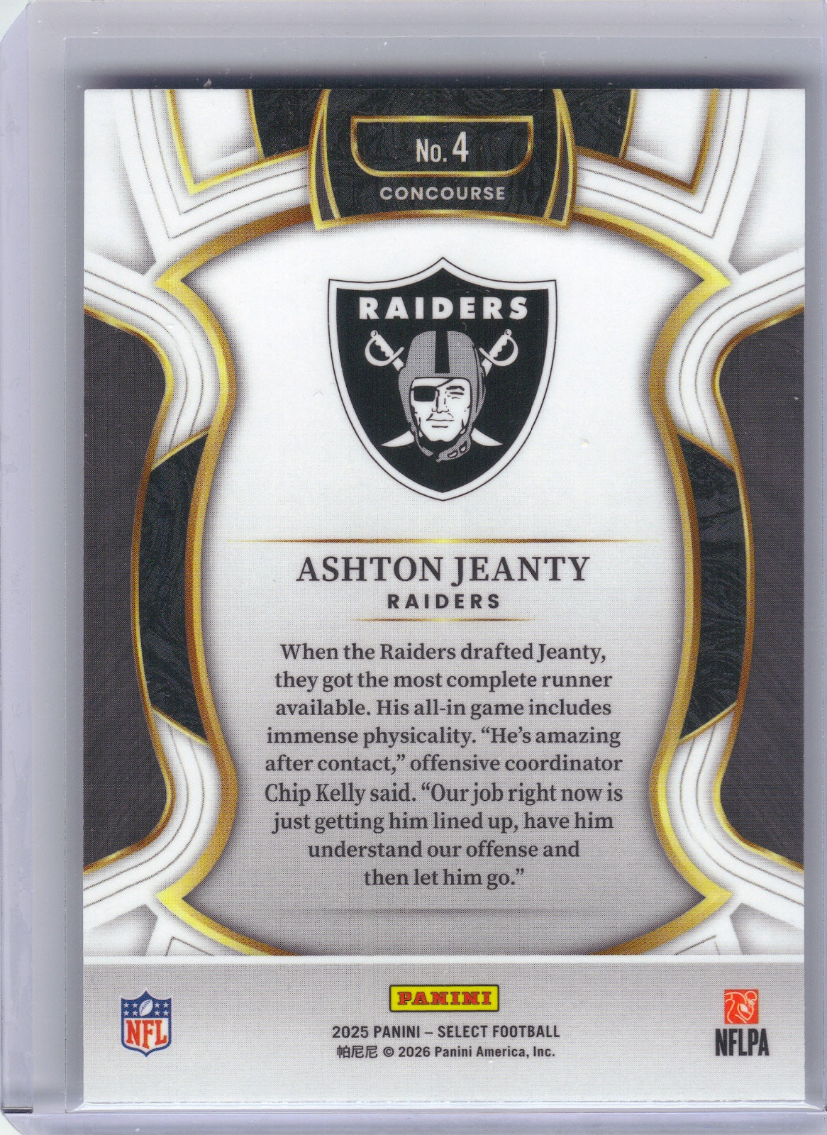 Ashton Jeanty Las Vegas Raiders 2025 Panini Select #4 RC (Back)