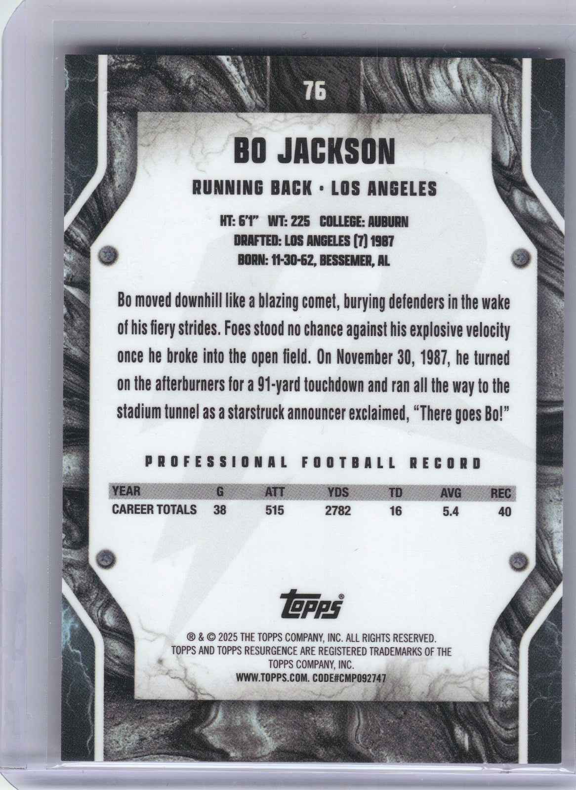Bo Jackson Los Angeles Raiders 2024 Topps Resurgence - Pink Static #76 /10 (Back)