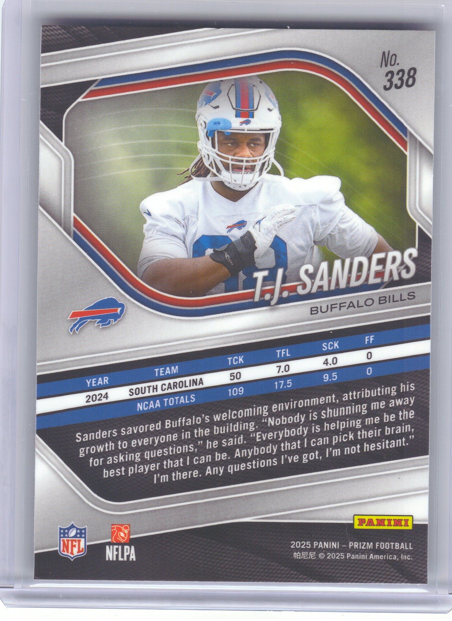 2025 Panini Prizm #338 T.J. Sanders Buffalo Bills RC