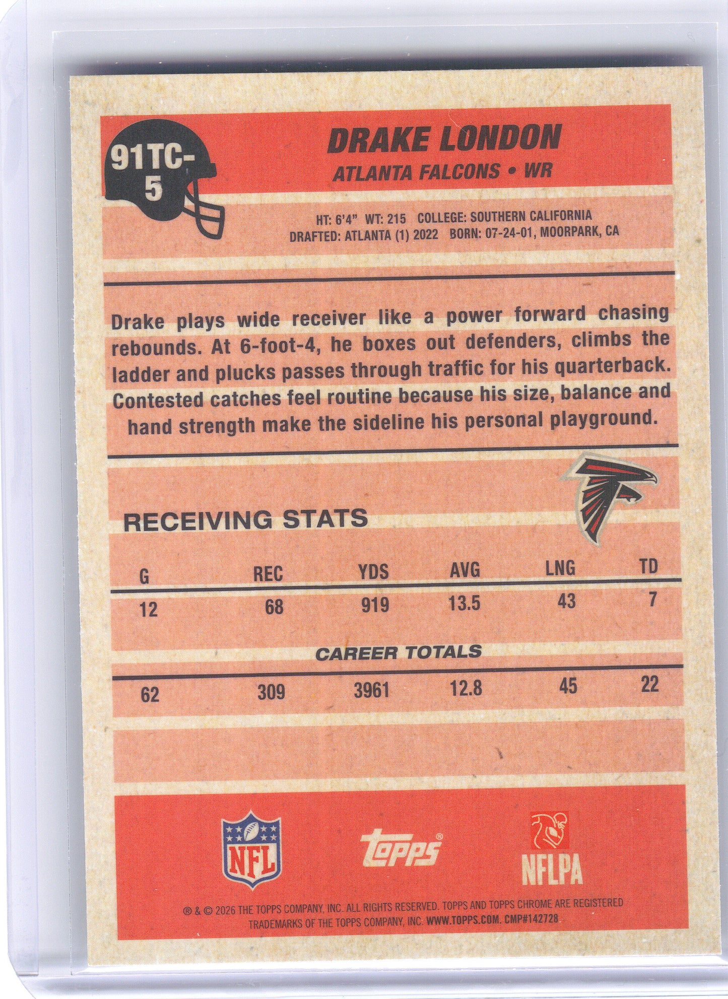 2026 Topps Flagship #91TC-5 Drake London 1991 Topps Football Chrome Atlanta Falcons