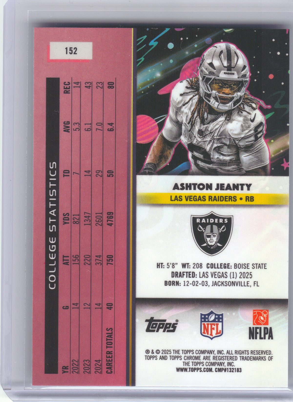 2025 Topps Chrome Cosmic #152 Ashton Jeanty Las Vegas Raiders RC