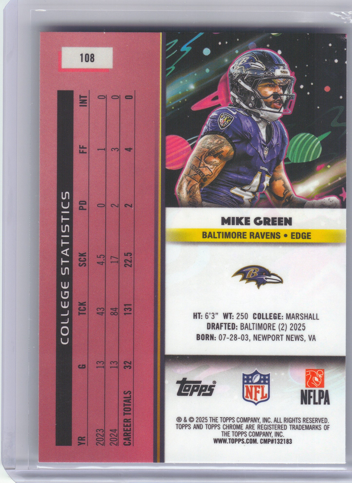 2025 Topps Chrome Cosmic #108 Mike Green Baltimore Ravens RC