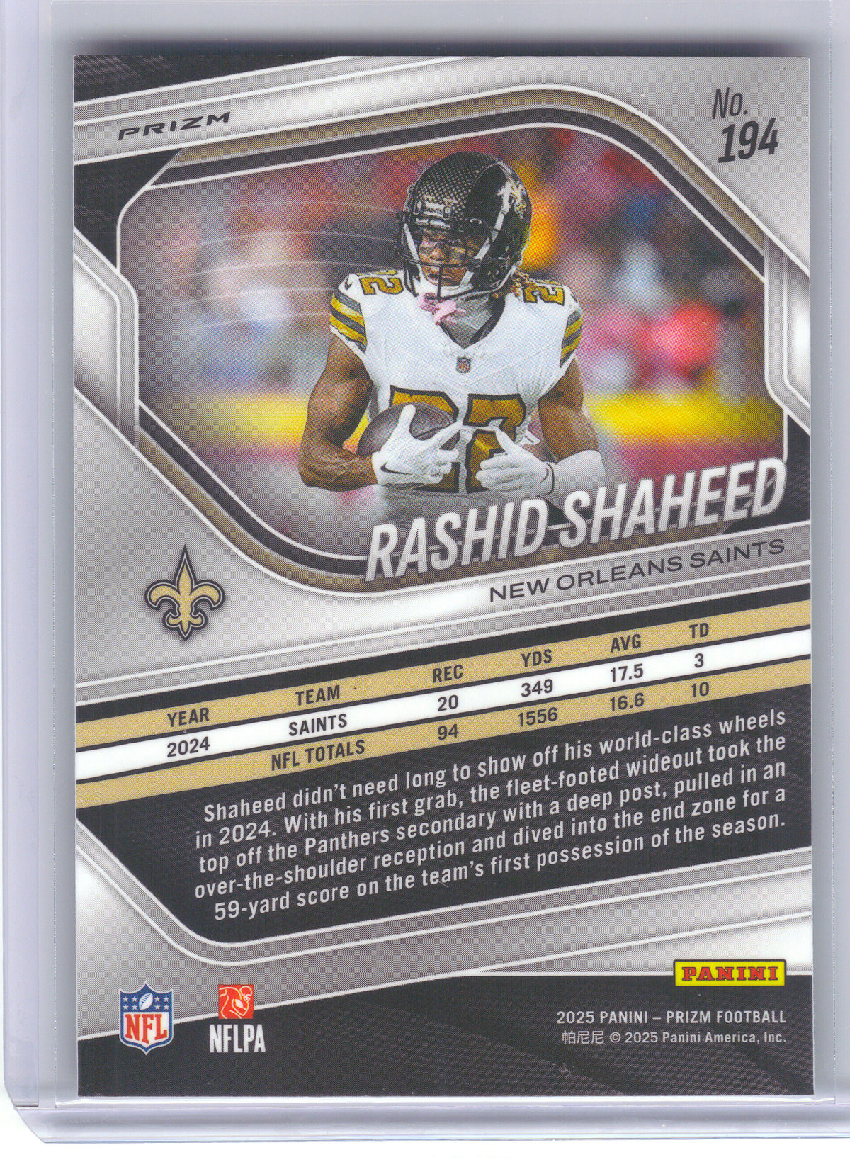 2025 Panini Prizm #194 Rashid Shaheed Neon Green Pulsar New Orleans Saints