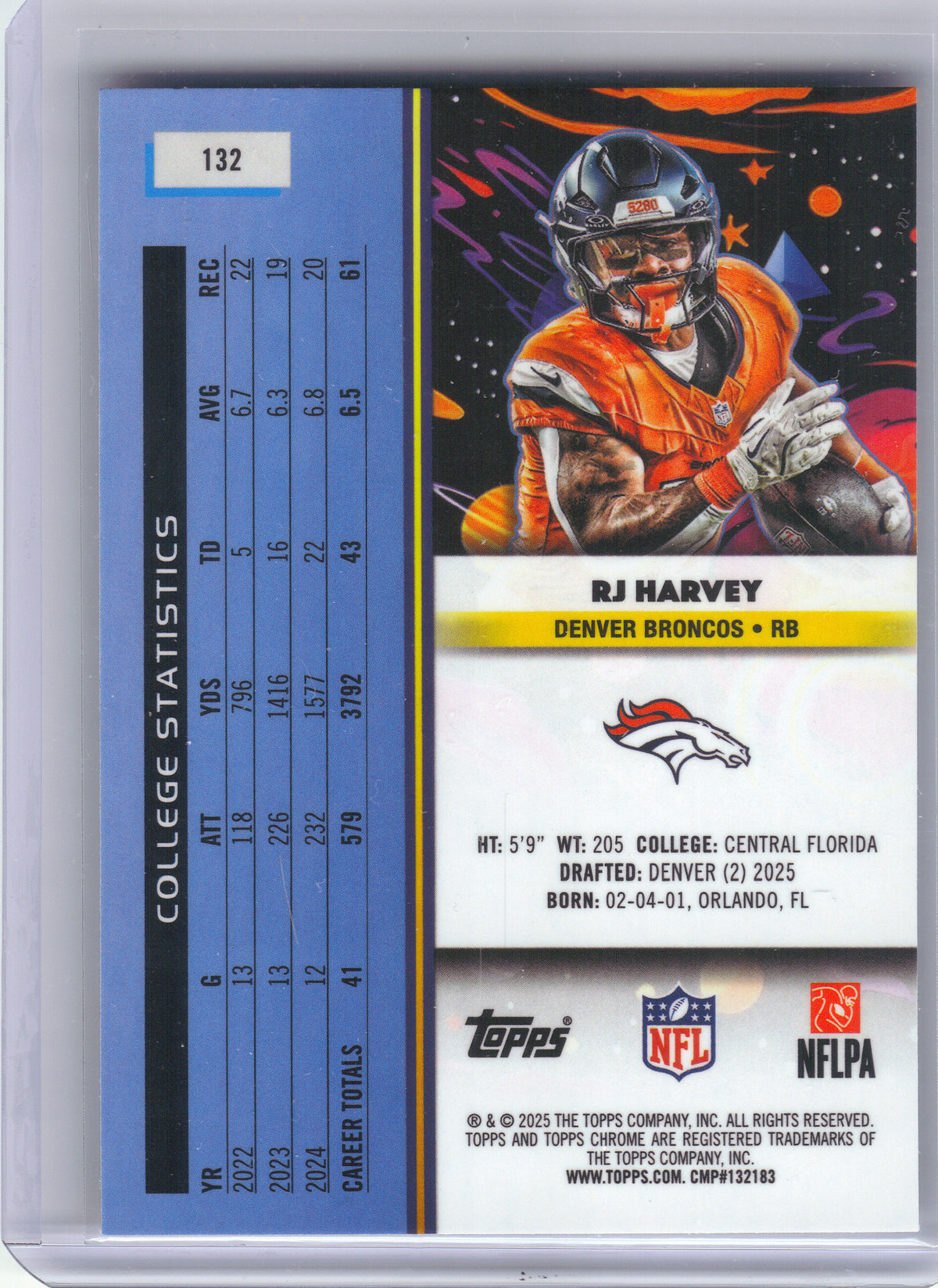 2025 Topps Chrome Cosmic #132 RJ Harvey Nucleus Refractor Denver Broncos RC