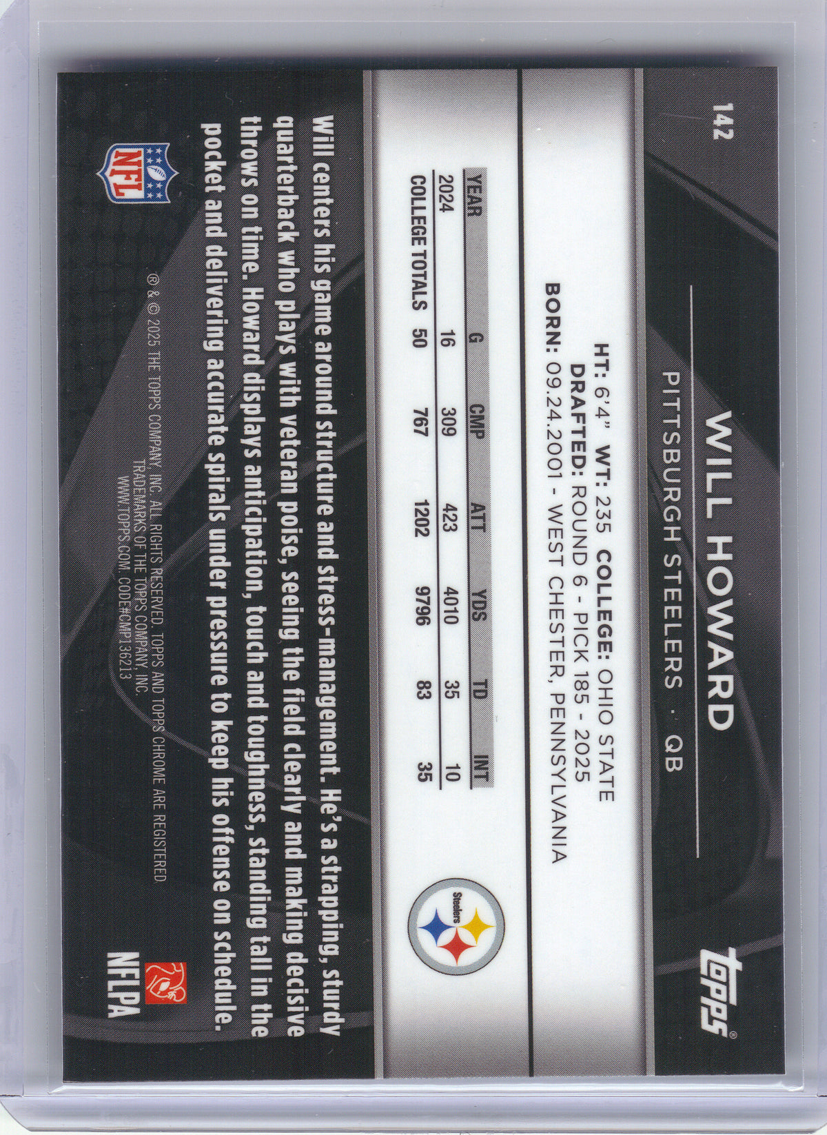 2025 Topps Chrome Black #142 Will Howard Pittsburgh Steelers RC