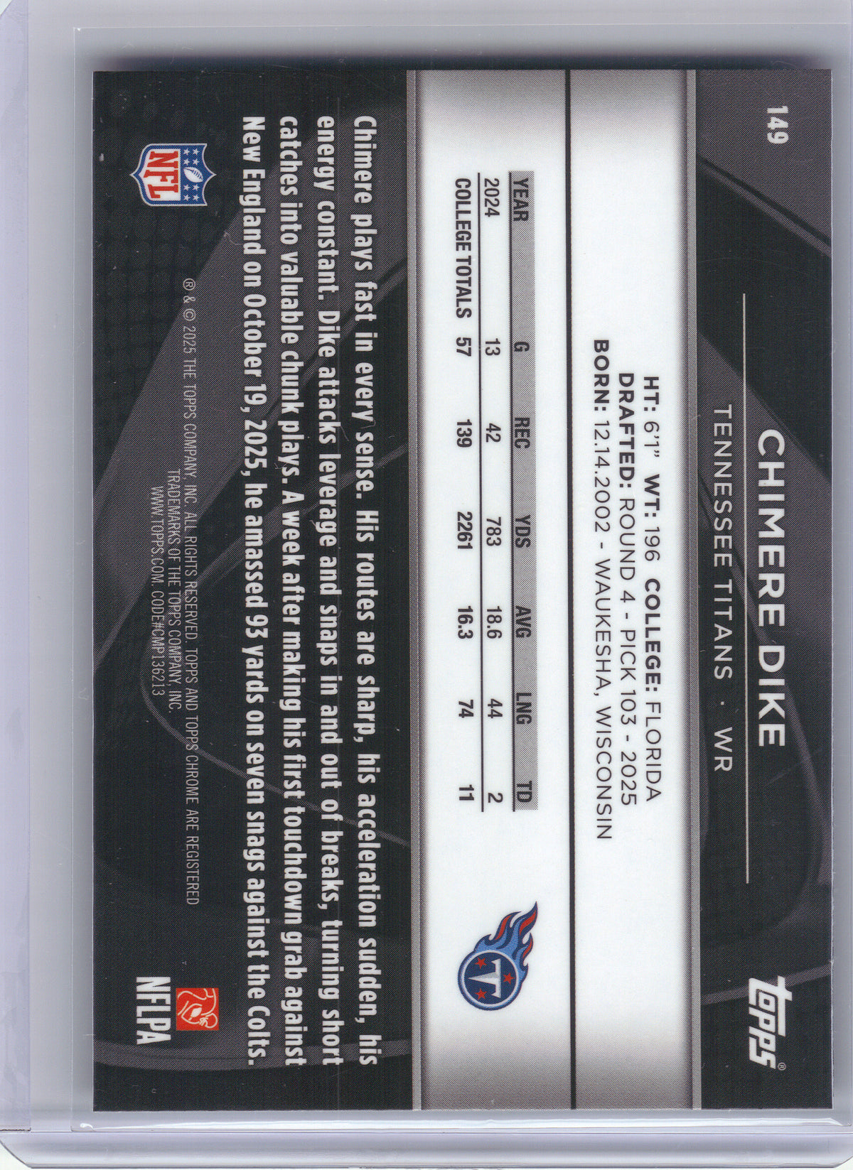 2025 Topps Chrome Black #149 Chimere Dike Tennessee Titans RC