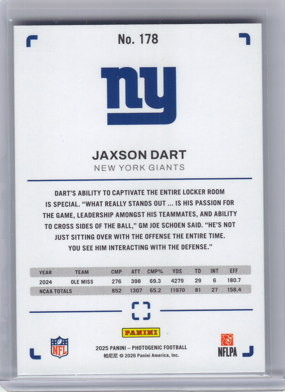 2025 Panini Photogenic #178 Jaxson Dart New York Giants RC