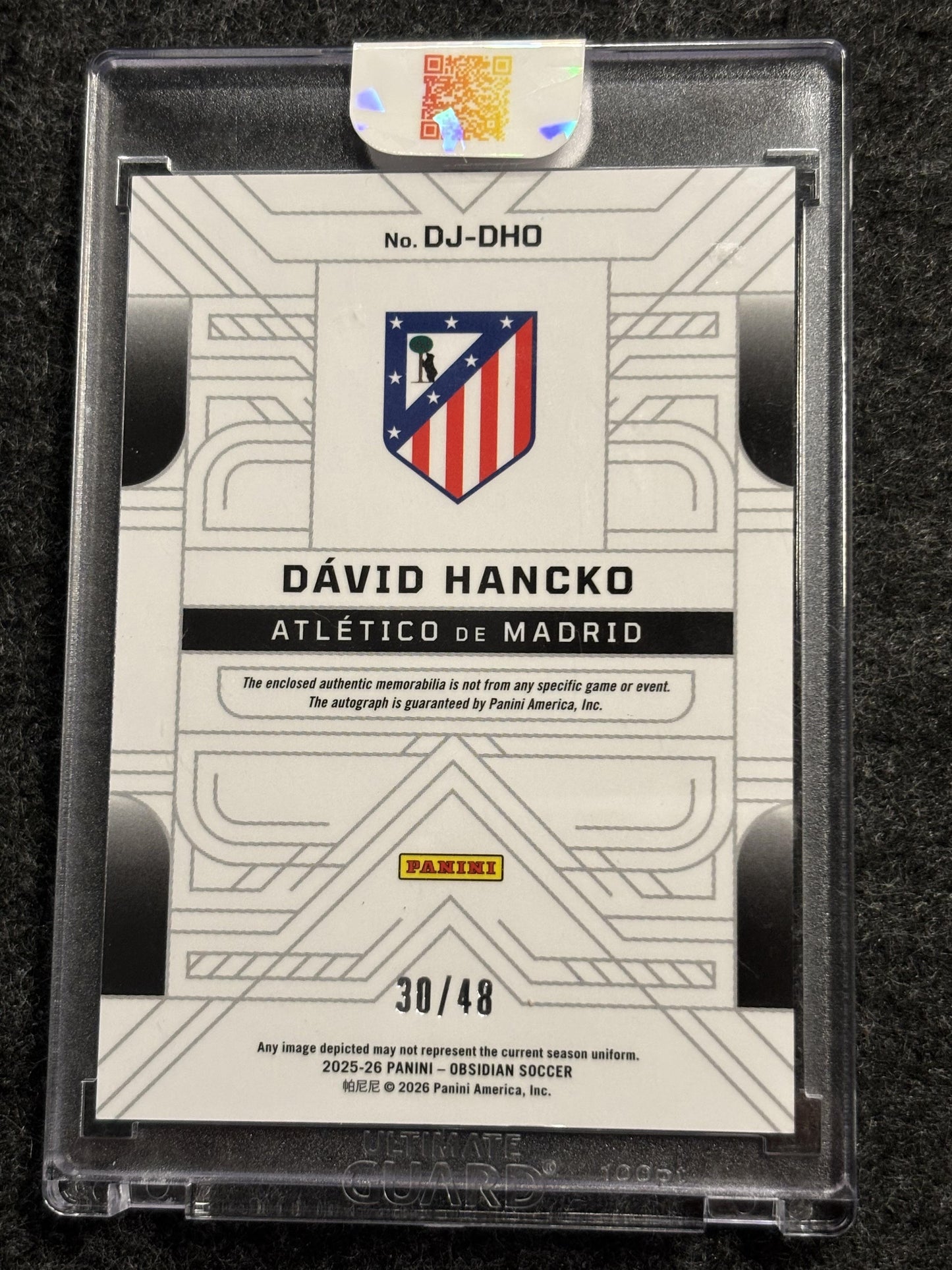 2025-26 Panini Obsidian #DJ-DHO David Hancko Dual Jersey Ink – Electric Etch Red Pulsar /48 Atletico Madrid SN, RC, AU