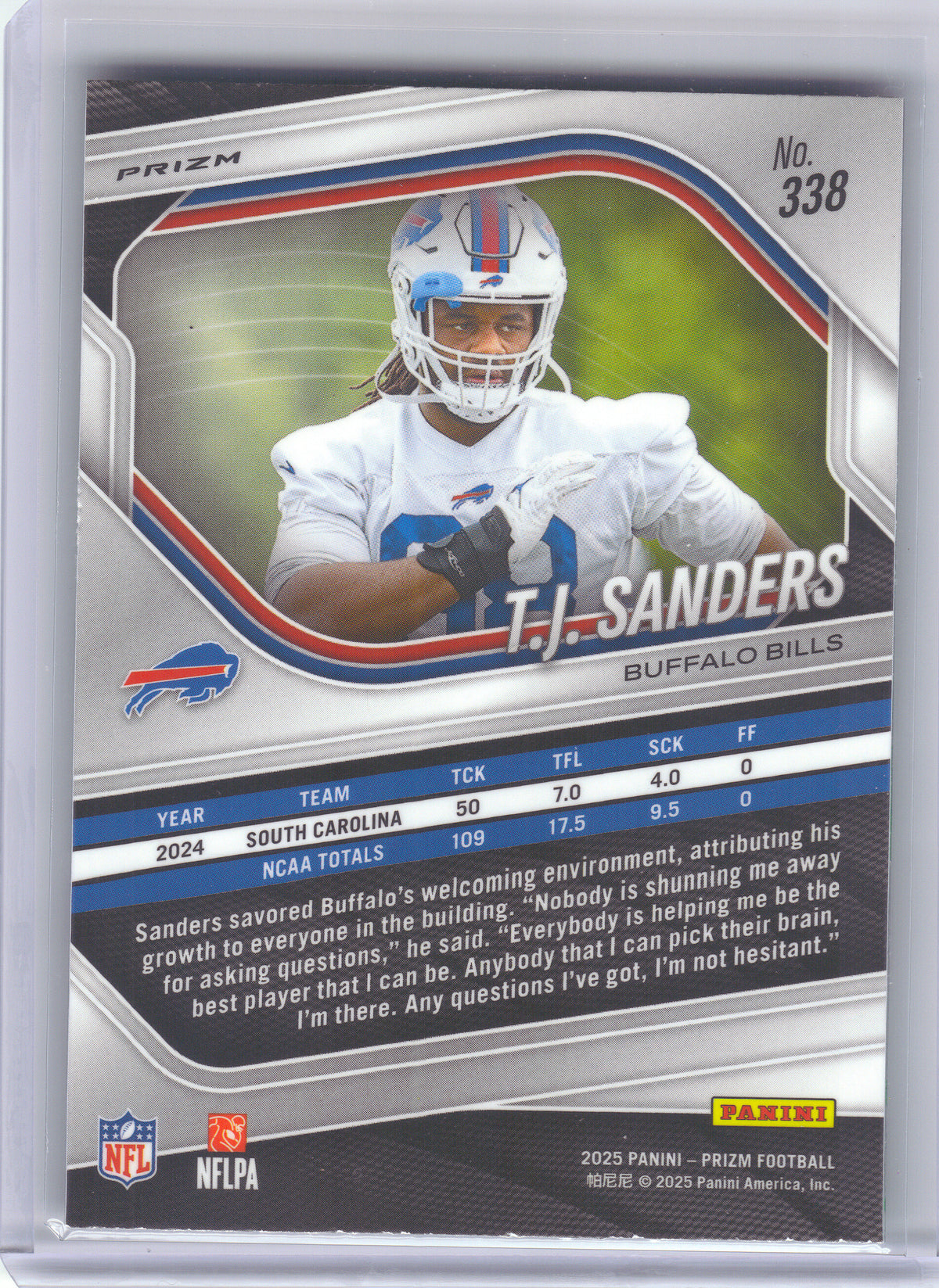 2025 Panini Prizm #338 T.J. Sanders Neon Green Pulsar Buffalo Bills