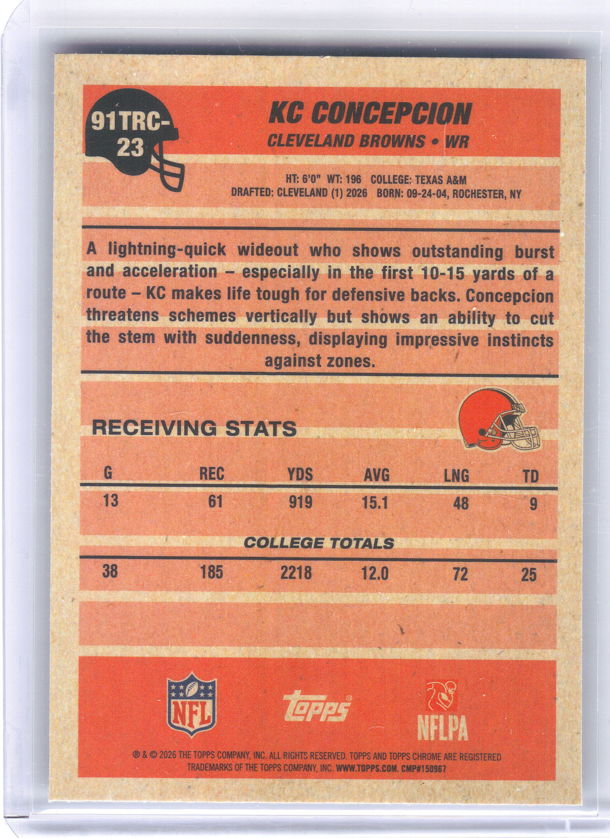 2026 Topps Flagship #91TR-23 KC Concepcion 1991 Topps Football Rookies Crackle Cleveland Browns