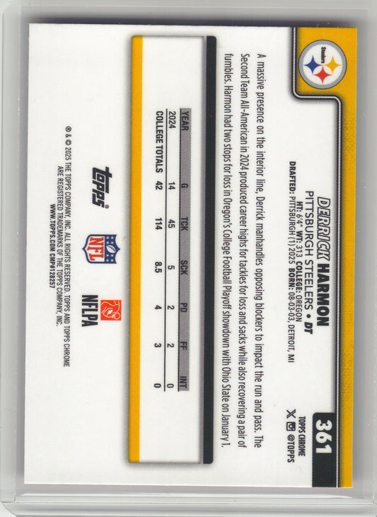 2025 Topps Chrome #361 Derrick Harmon Hot Pink X-Fractor Pittsburgh Steelers RC