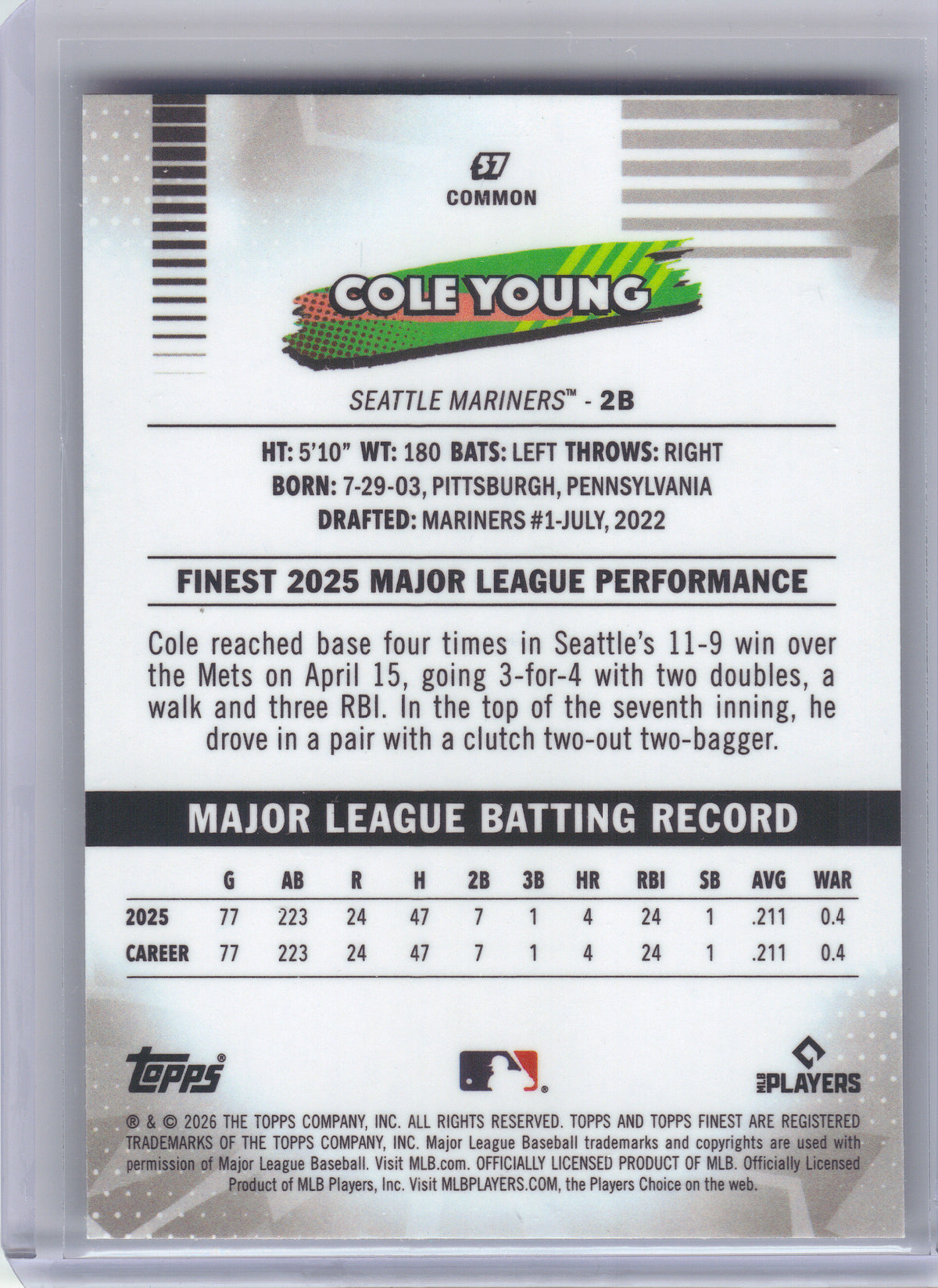 2026 Finest #57 Cole Young Mini-Diamond Refractor Seattle Mariners RC