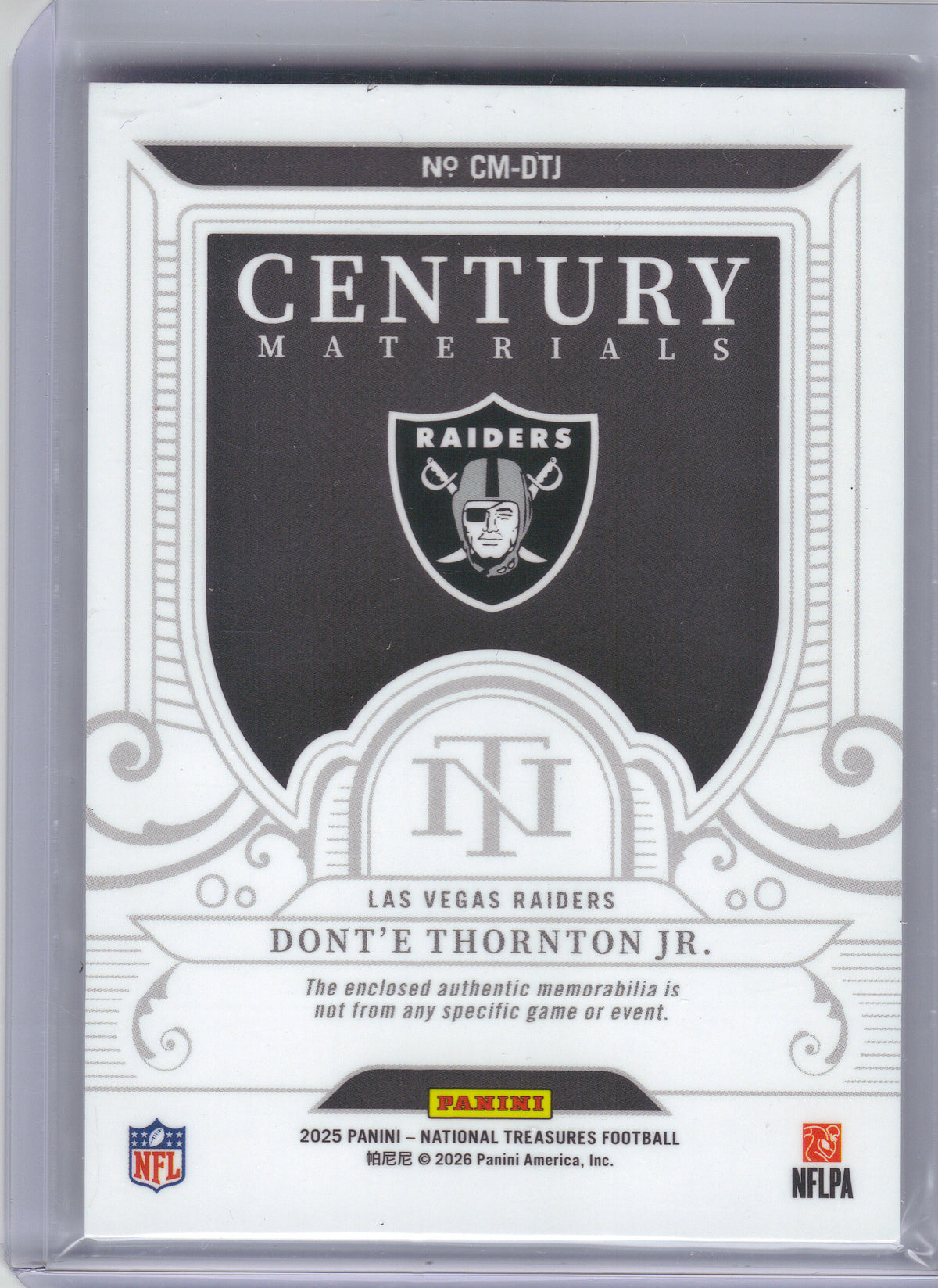 2025 Panini National Treasures #CM-DTJ Dont'e Thornton Jr. Century Materials Gold #/49 Las Vegas Raiders SN, MEM