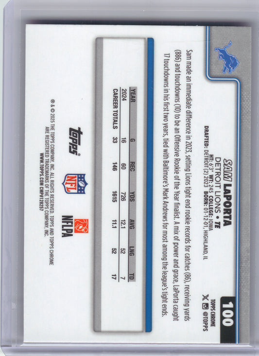 2025 Topps Chrome #100 Sam LaPorta Hot Pink X-Fractor Detroit Lions