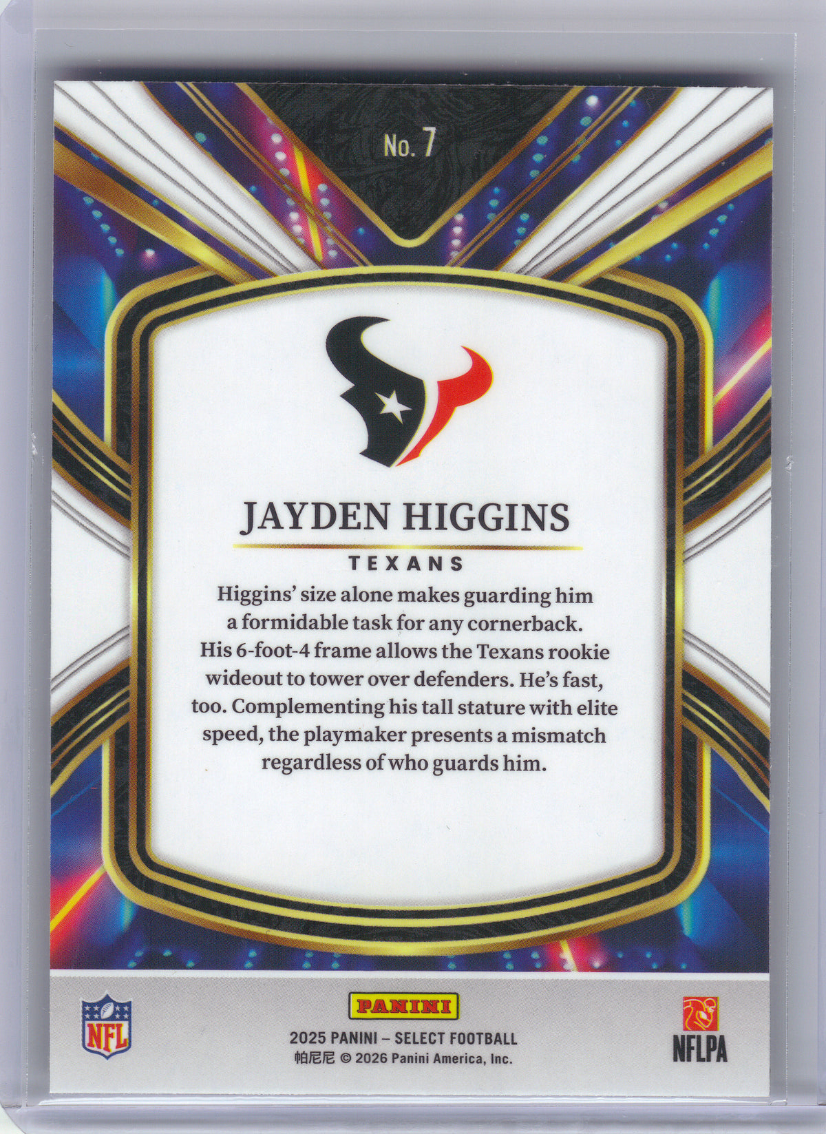 2025 Panini Select #7 Jayden Higgins Select Future Houston Texans