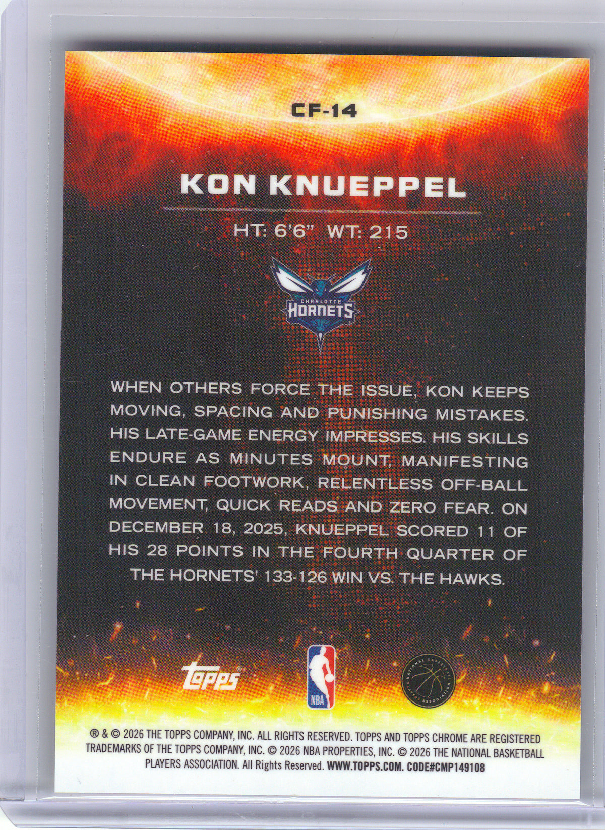 2025-26 Topps Chrome Black #CF-14 Kon Knueppel Carbon Flare Charlotte Hornets