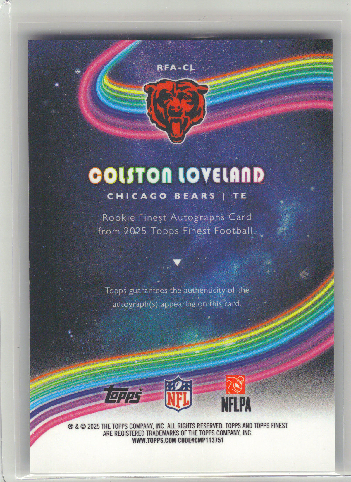 2025 Finest #RFA-CL Colston Loveland Rookie Finest Autographs Chicago Bears AU